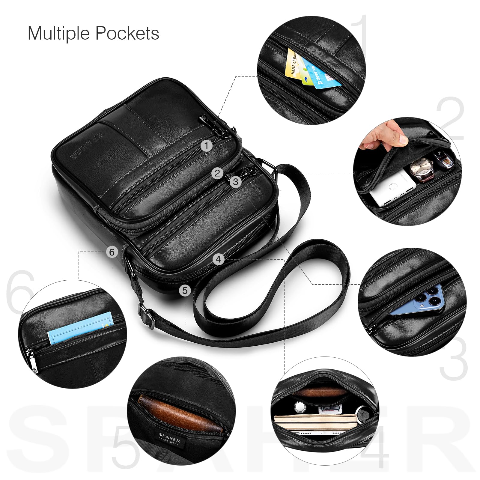 SPAHER Sacoche Homme Bandouliere Cuir Veritable Petit Sac Bandoulière Homme Sac Porté Epaule Sacs Business Vintage Sacs à Dos Porté Travers Pochettes Multifonctionnel Sacs à Main Voyage