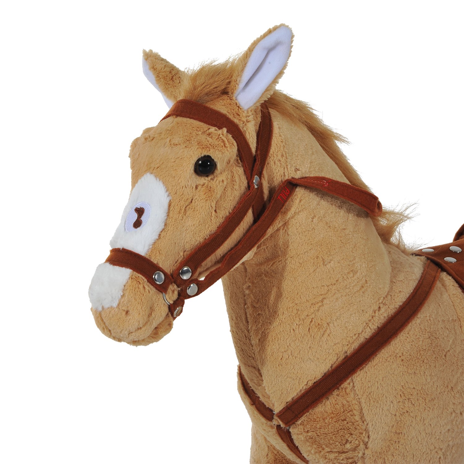 HOMCOM Reitpferd auf Rollen 60 cm Stehpferd mit Sattel, Zaumzeug Steigbügel Sound Spielpferd zum Reiten Draufsitzen Schaukeltier für Kinder ab 2 Jahre, Schaukelpferd Plüschpferd Indoor Outdoor Beige