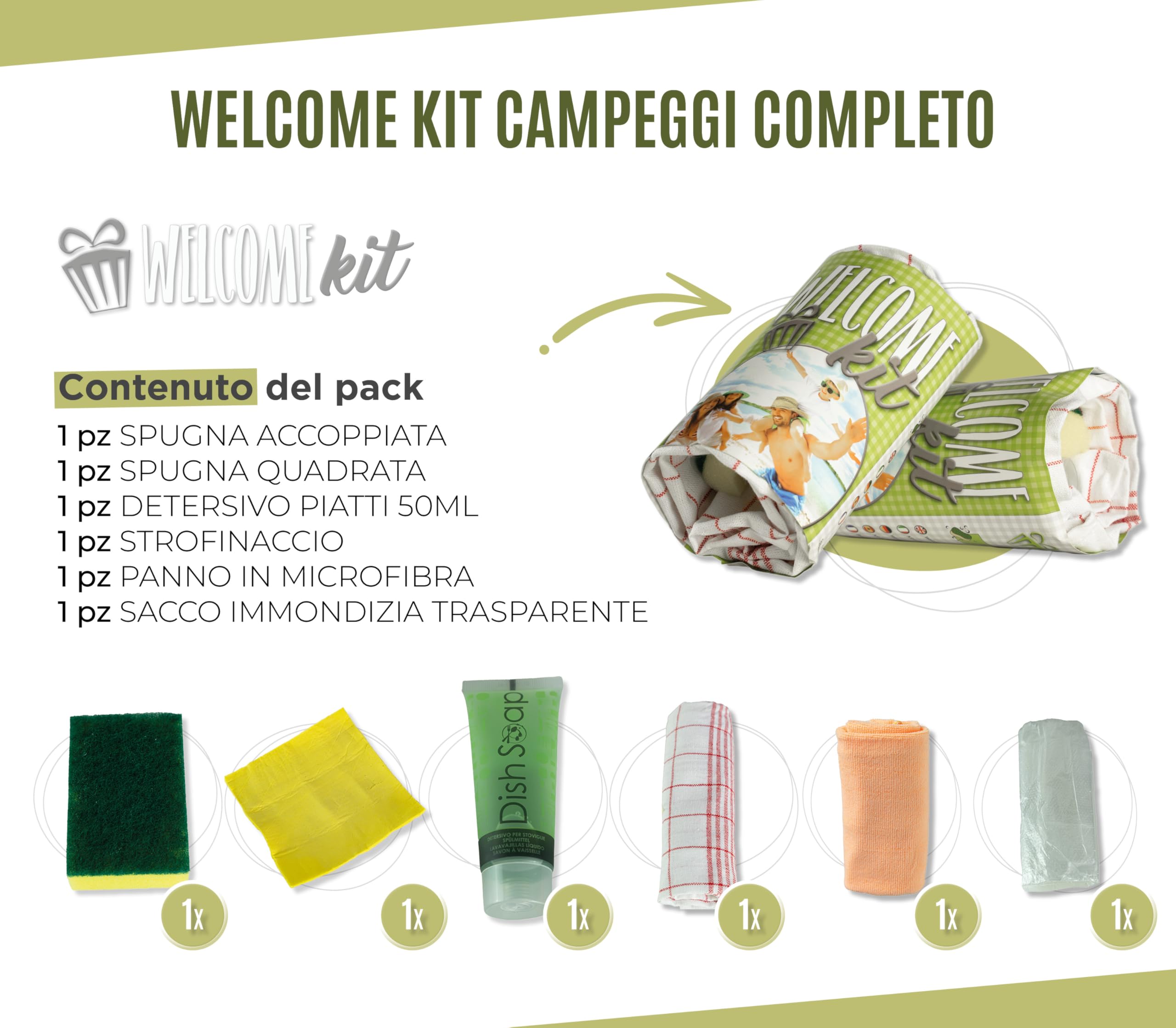 PRESENT-MORE - Accessori Campeggio in Fascetta - 15 Pezzi | Kit Campeggio Completo - Accoppiata, Spugna, Detersivo, Strofinaccio, Microfibra e Sacco - Ideale per Camping