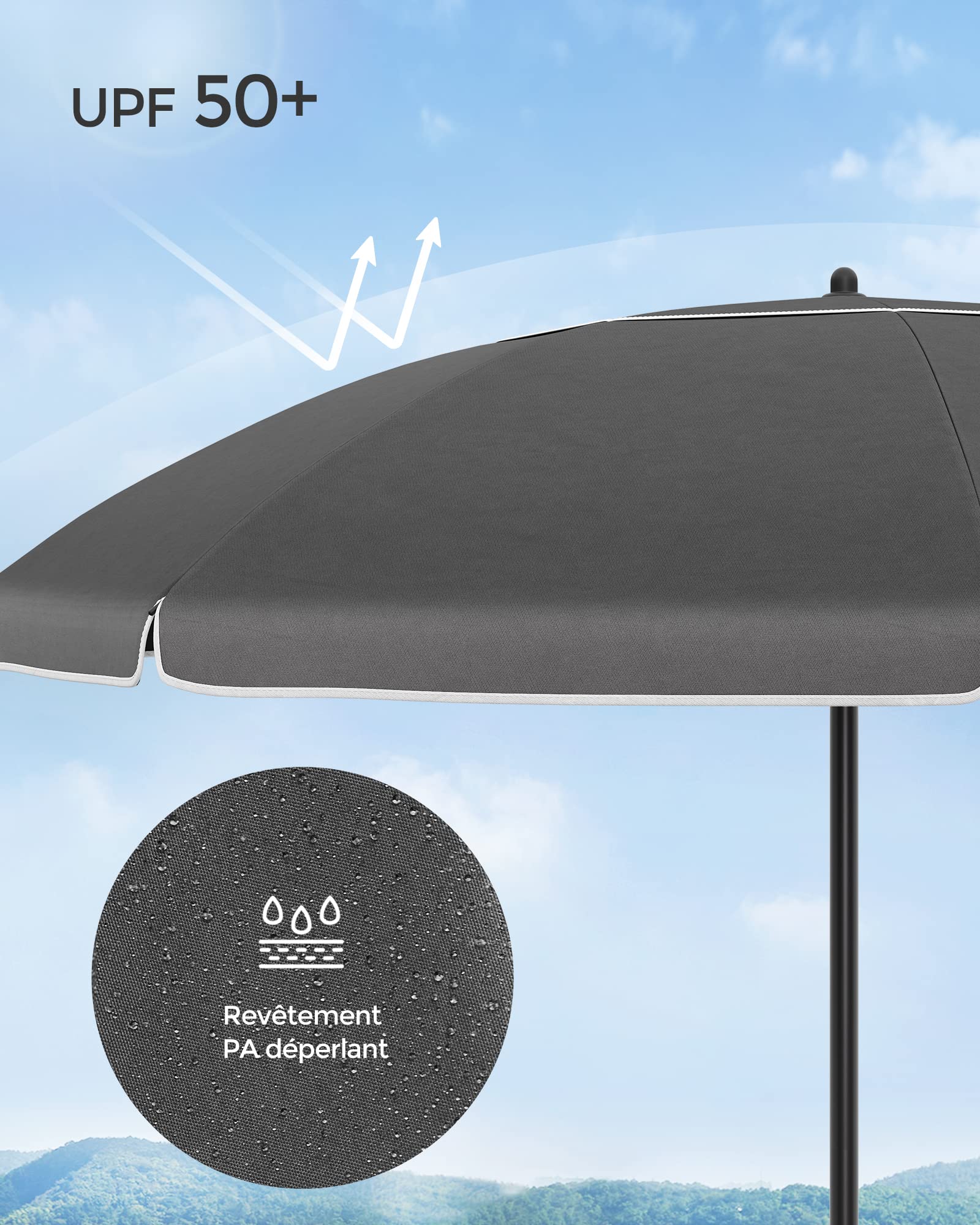 SONGMICS Parasol de 160 cm, Protection Solaire UPF 50+, Inclinable sur 30° dans les 2 sens, Hauteur Réglable, avec Sac de Transport, pour Balcon, Jardin, Terrasse, Plage, sans Base, Gris GPU060G01