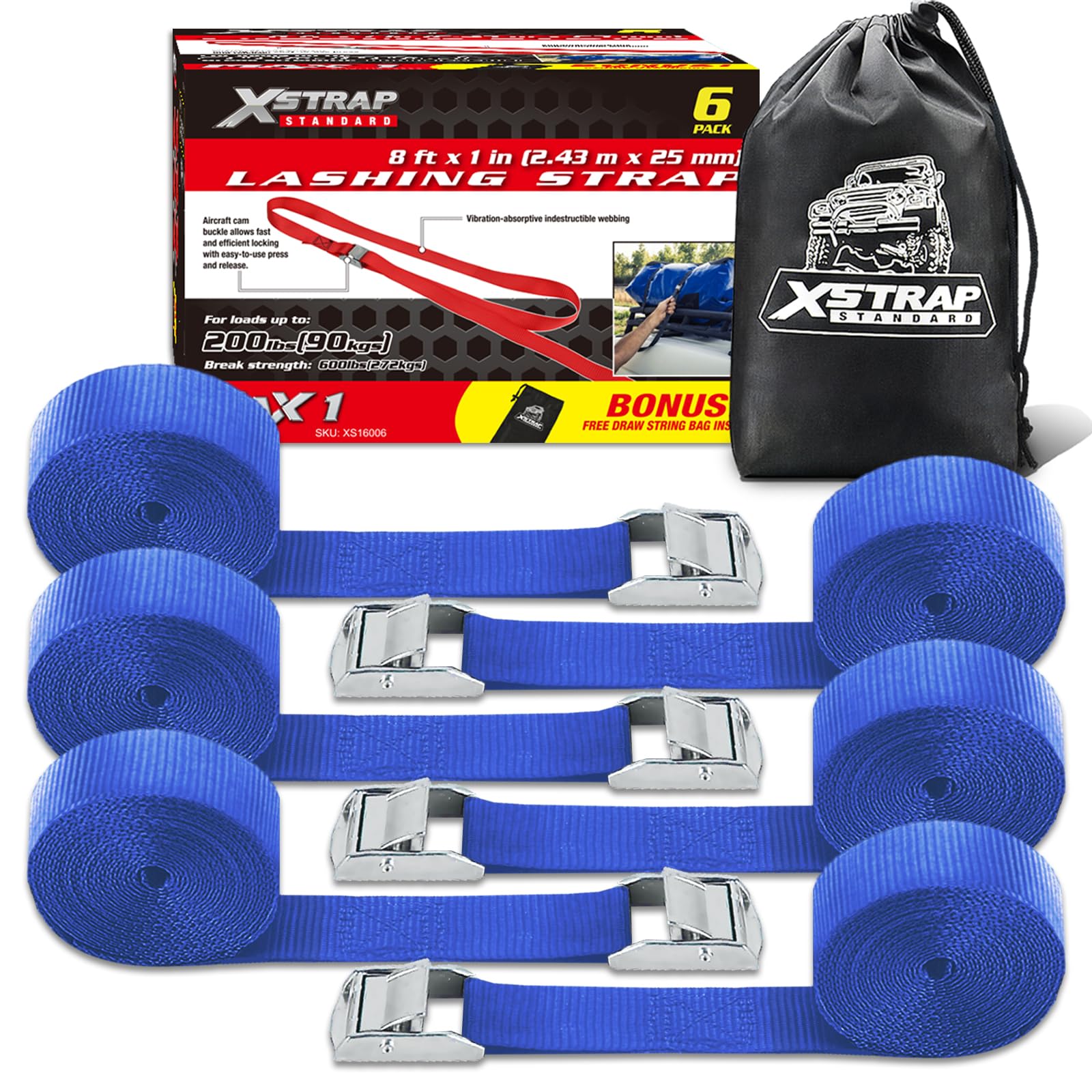 XSTRAP STANDARD Cam Buckle Straps 6PK 8FT Powersports Tie-Downs 1-Inch Blue Lashing Straps with Carry Bag, Ideal for Securing Cargo, Luggage, Motorcycles