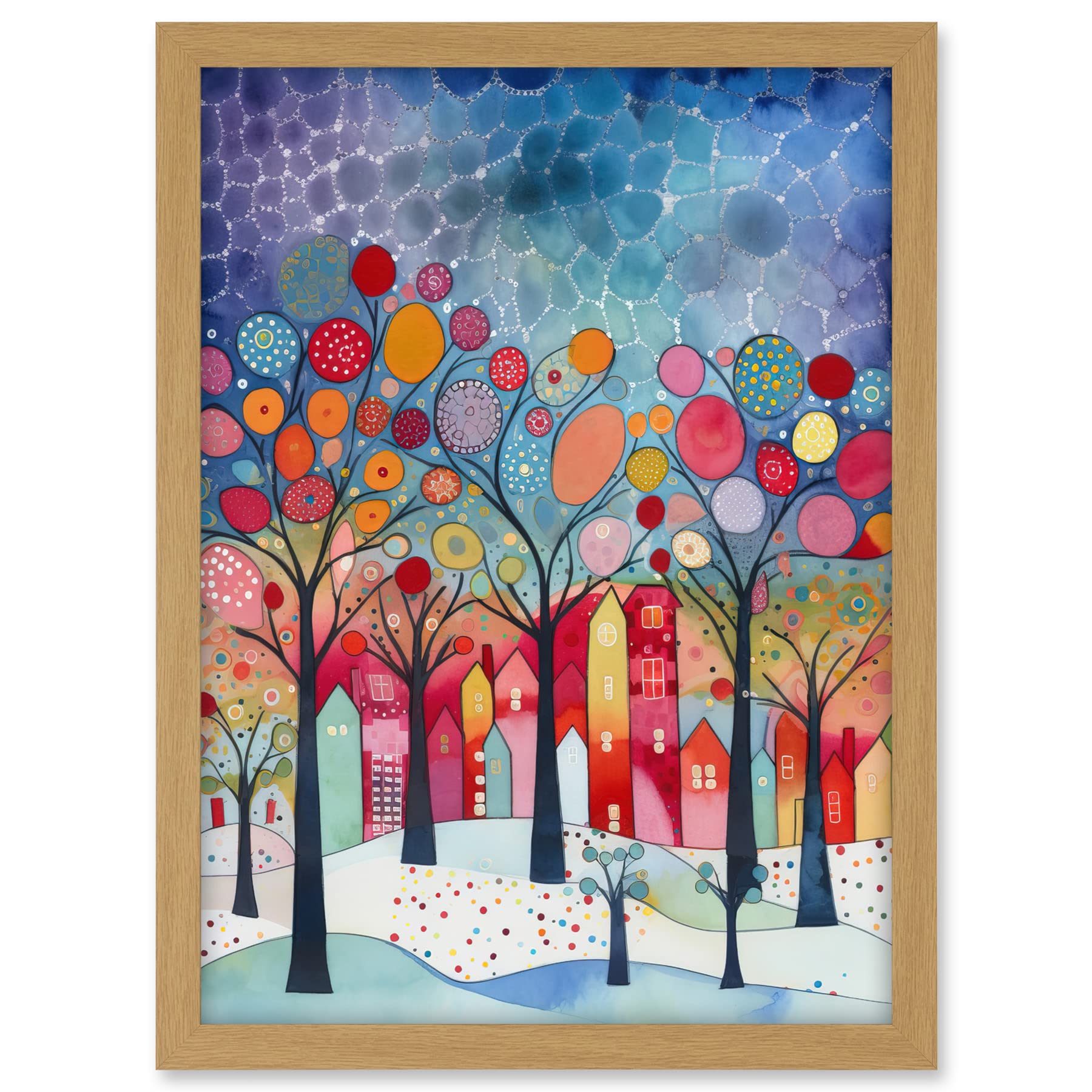 Artery8 Winter Abstract Village Folk Art Artwork Framed A3 Wall Art Print