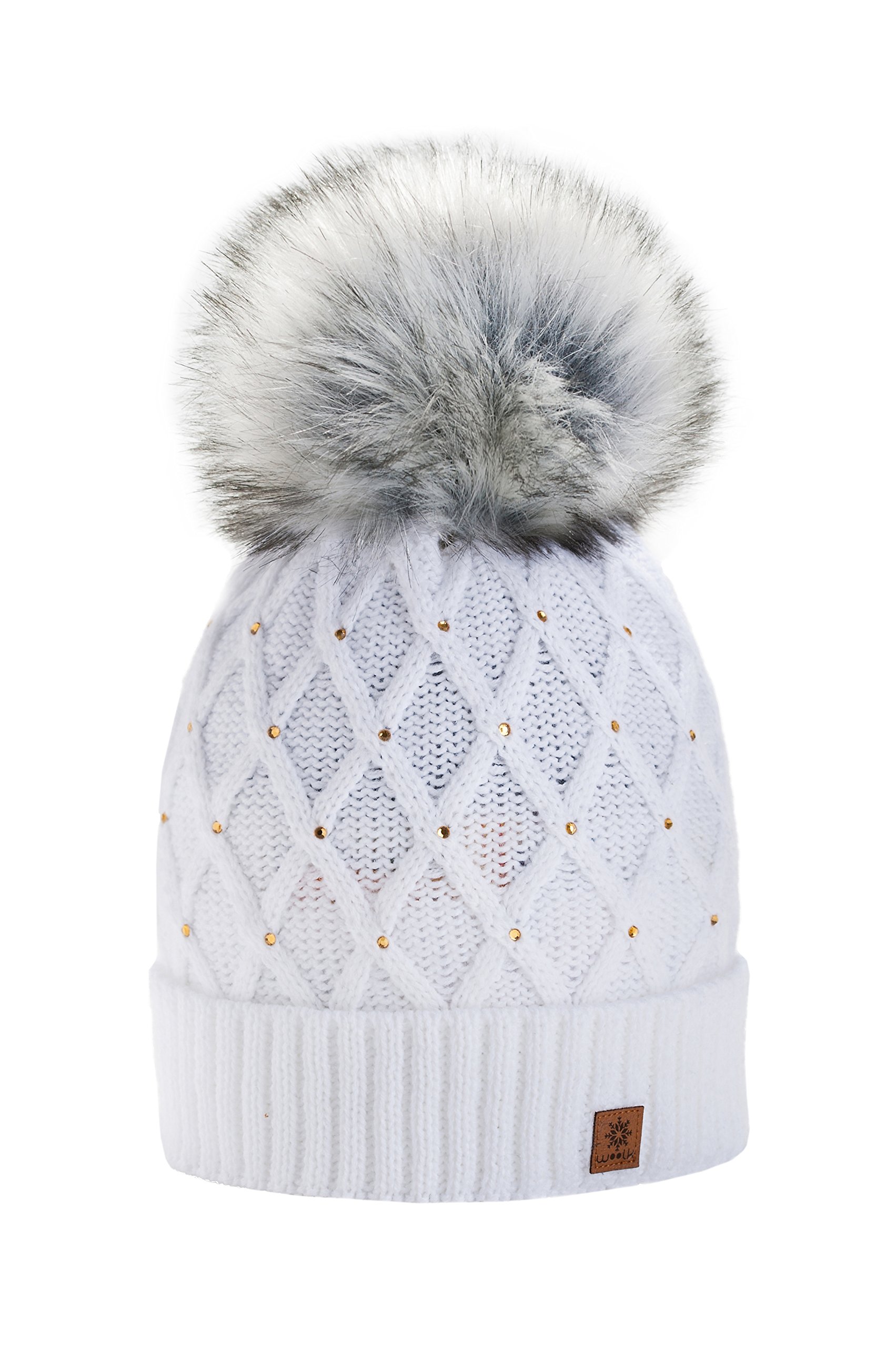 Mfaz Morefaz Ltd Women's White Morefaz Girls Winter Beanie Hat Wool Knitted Crystal With Large Pom Pom Cap Ski Snowboard Hats (White) Mfaz Ltd