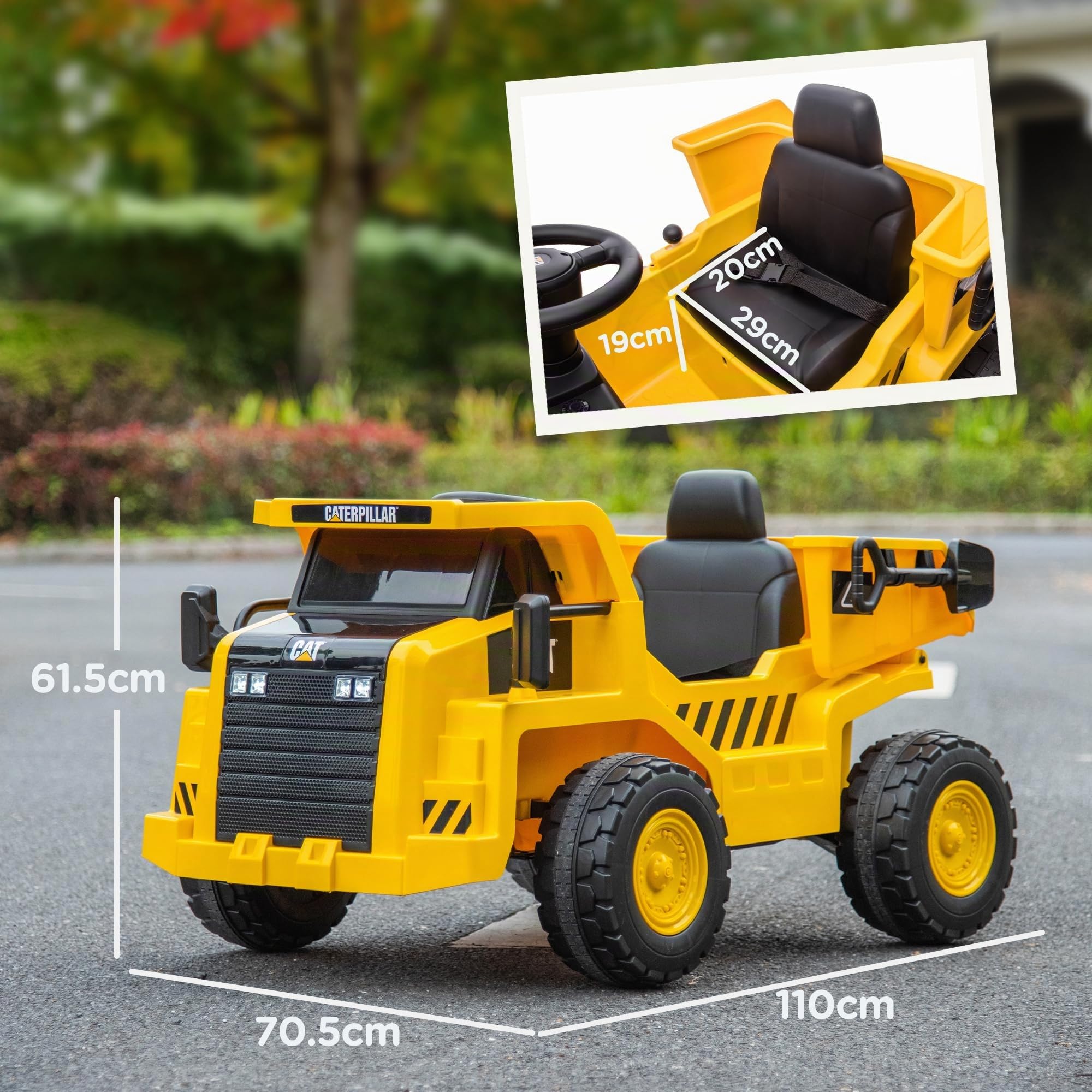 AIYAPLAY 12V Camion Giocattolo Licenza Caterpillar con Musica Giallo | Macchina Elettrica per Bambini, Telecomando, Fari, Secchio e Pala, Escavatore in PP e Metallo