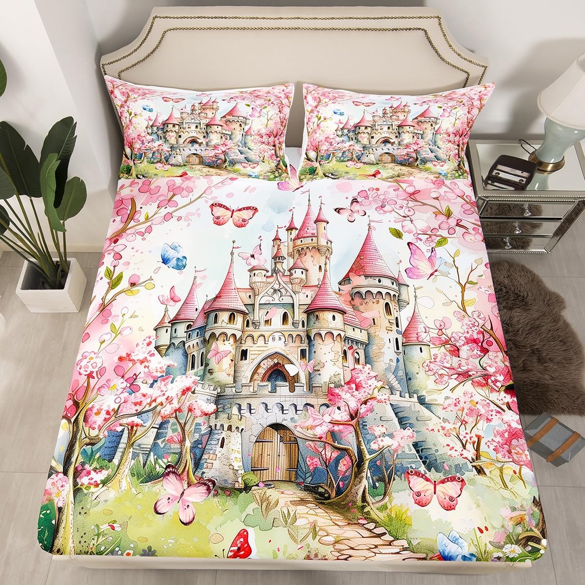 Girls Castle Bedding Sets Full Size,Princess Dreamy Fitted Sheet for Boys Teens Adult Room Decor,Colorful Butterfly Floral Bed Sheets Fairytale Watercolor Style Deep Pocket Sheet,2 Pillowcases