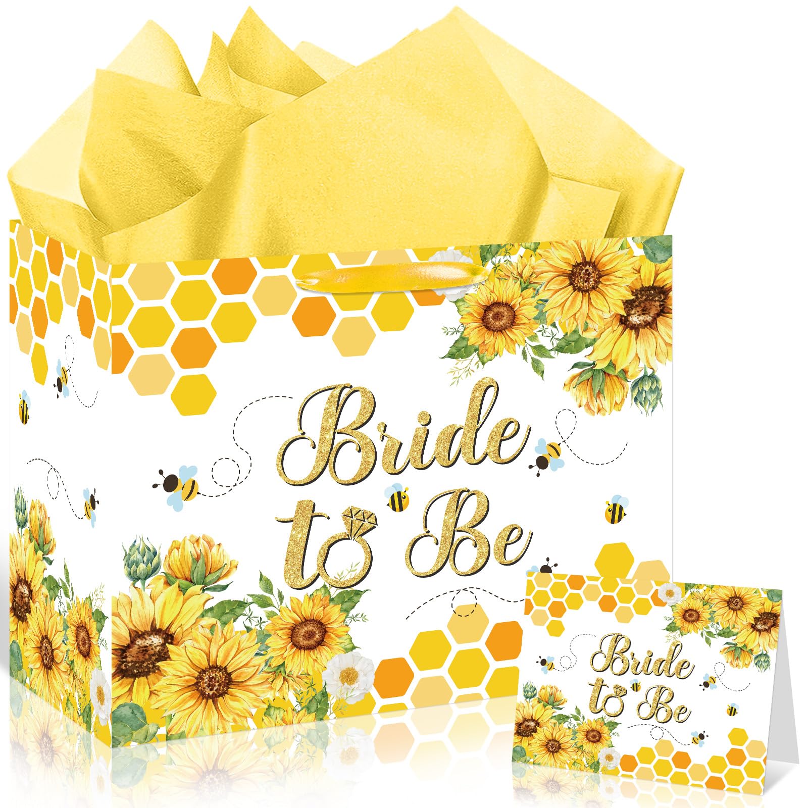 Bride Gift Bag Bee Bridal Shower Party Gift Bags with Tissue Paper and Card Bridal Gift Wrapping Paper Bag Honey Bee Sunflower Bachelorette Engagement Wedding Bags for Bride to Be Party Decorations