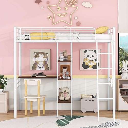 Miniatura 4 de Cama tipo loft de tamaño individual con escritorio de metal con marco de cama tipo loft de alta resistencia en forma de X con escalera y barandillas