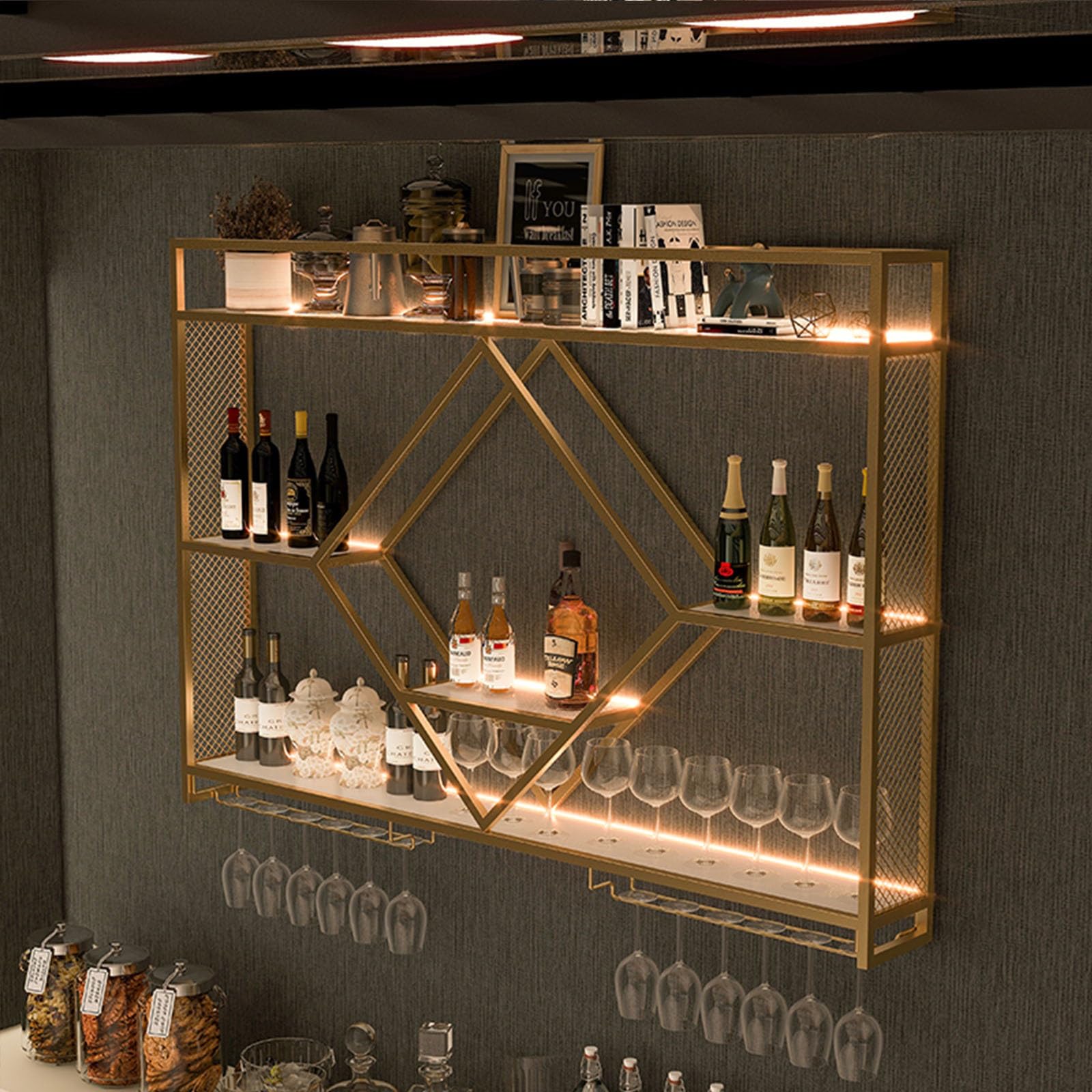 Étagère à vin murale cuisine en métal flottante avec porte-verre