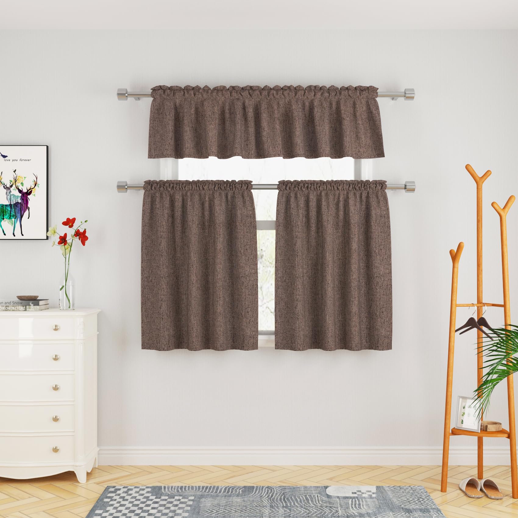UPOPO Lot de 3 rideaux et cantonnière marron pour cuisine, fenêtre de cuisine, rideau court texturé en lin, pour salle de bain, café, sous-sol, passe-tringle, 91,4 cm