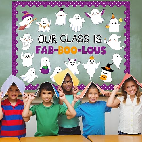 Miniatura 4 de Juego de decoración de tablón de anuncios de Halloween, lindo diseño de fantasma, recortes de papel de fantasma, borde de pizarra, decoración de