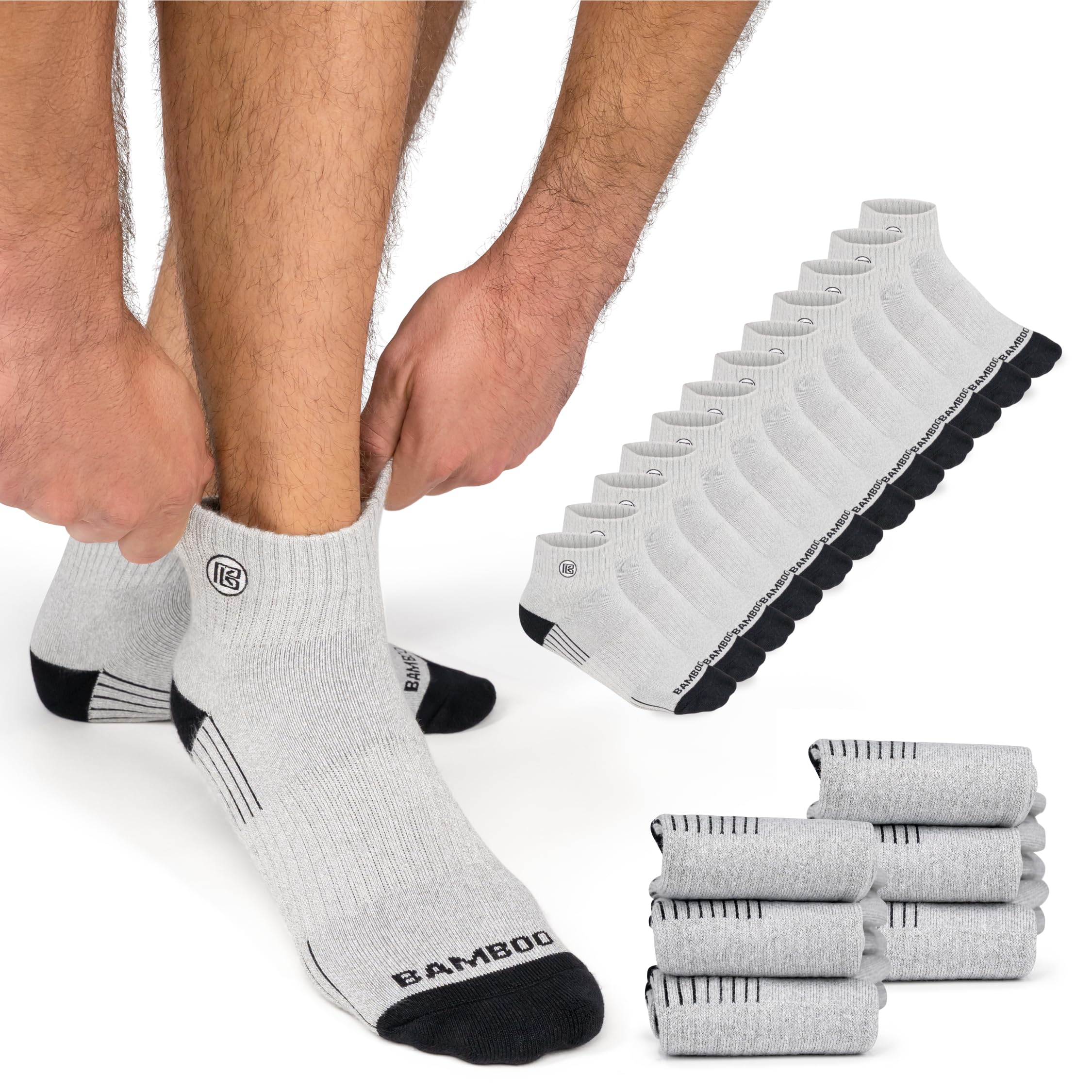 Bamboo Sports Men's Light Gray 6 Pair Premium Bamboo Crew Work Socks- Quarter High Moisture Wicking, Odor Eliminating, Large