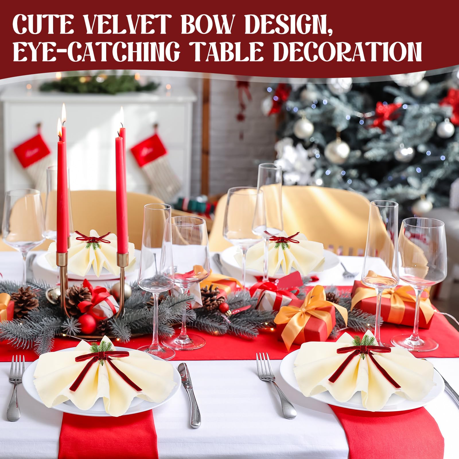 Set di 24 portatovaglioli di Natale, in velluto, per tavolo, regalo festivo, portatovaglioli, per Natale, compleanno, anniversario, matrimonio, decorazioni da tavola (rosso vinaccio)