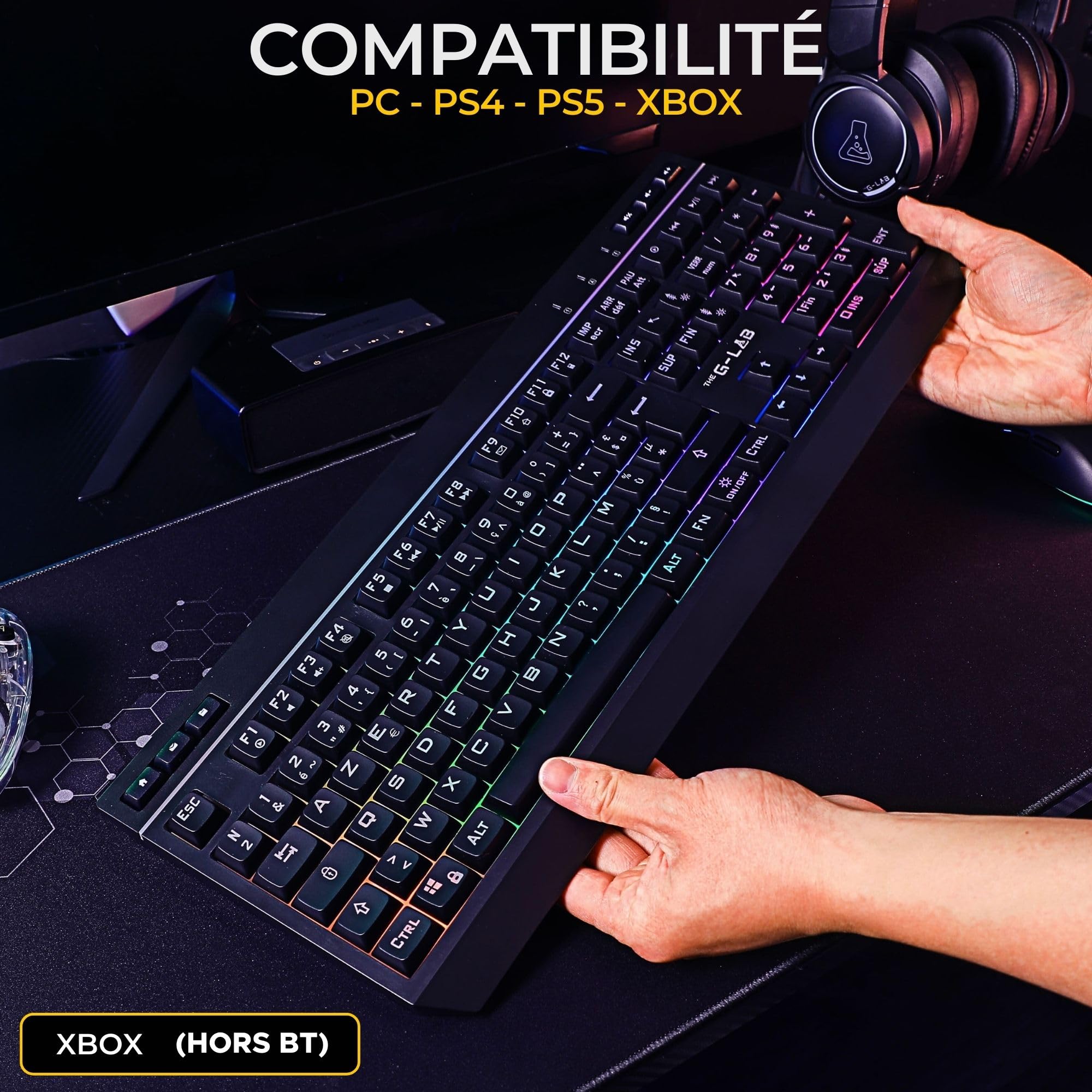 The G-Lab - KEYZ Tungsten EX - Cicha klawiatura membranowa do gier - AZERTY FR - Tryb potrójny (2,4 GHz, BT, przewodowy) - RGB i makra - Dedykowane oprogramowanie - Klawiatura gamingowa PC/PS4/PS5