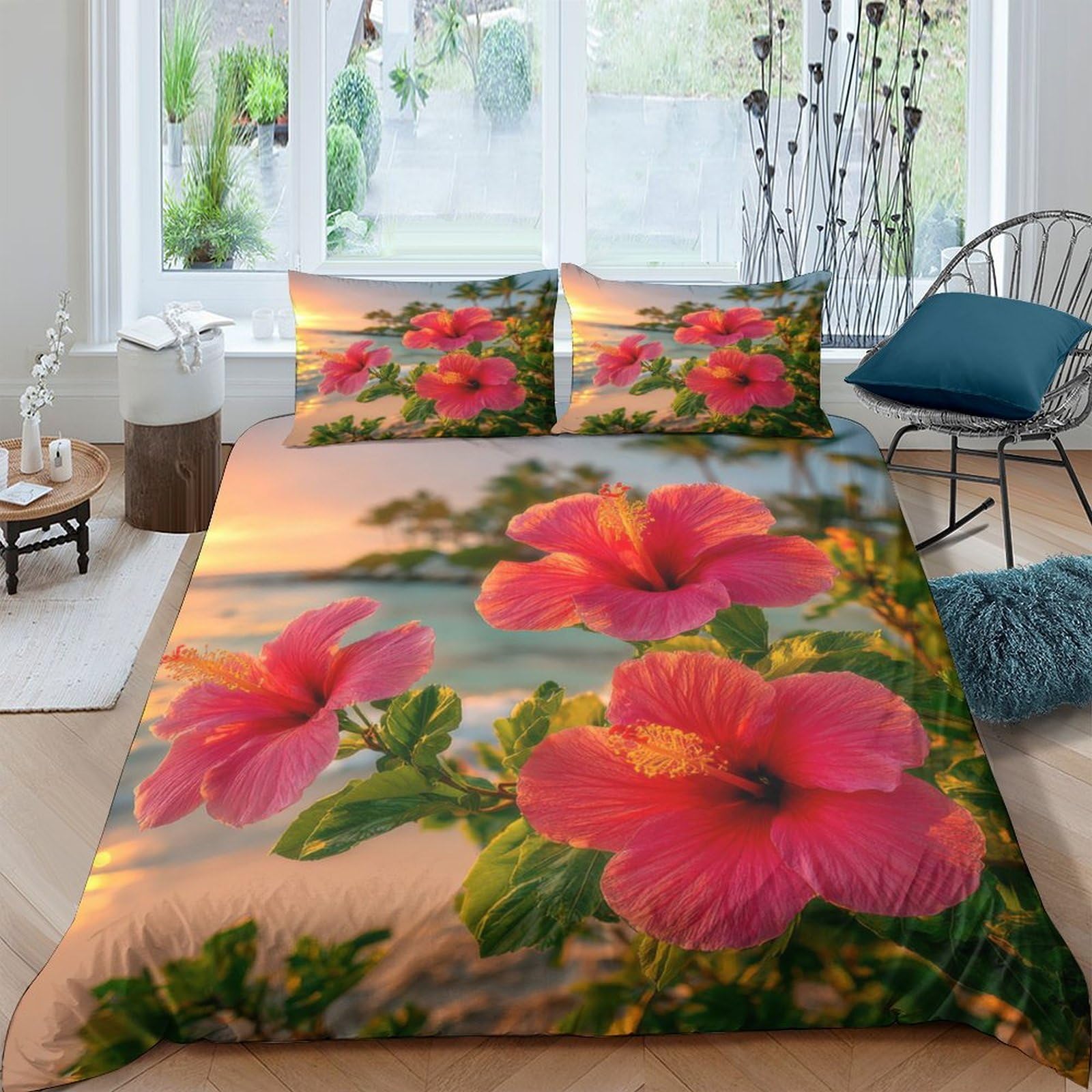 Ctjqhvkz Style-6 3D Printed Tropical Hibiscus Fitted Sheet Microfiber Soft Breathable Sunset Beach Mattress Cover For Bedroom Guest Room Decor Single（135X200cm）