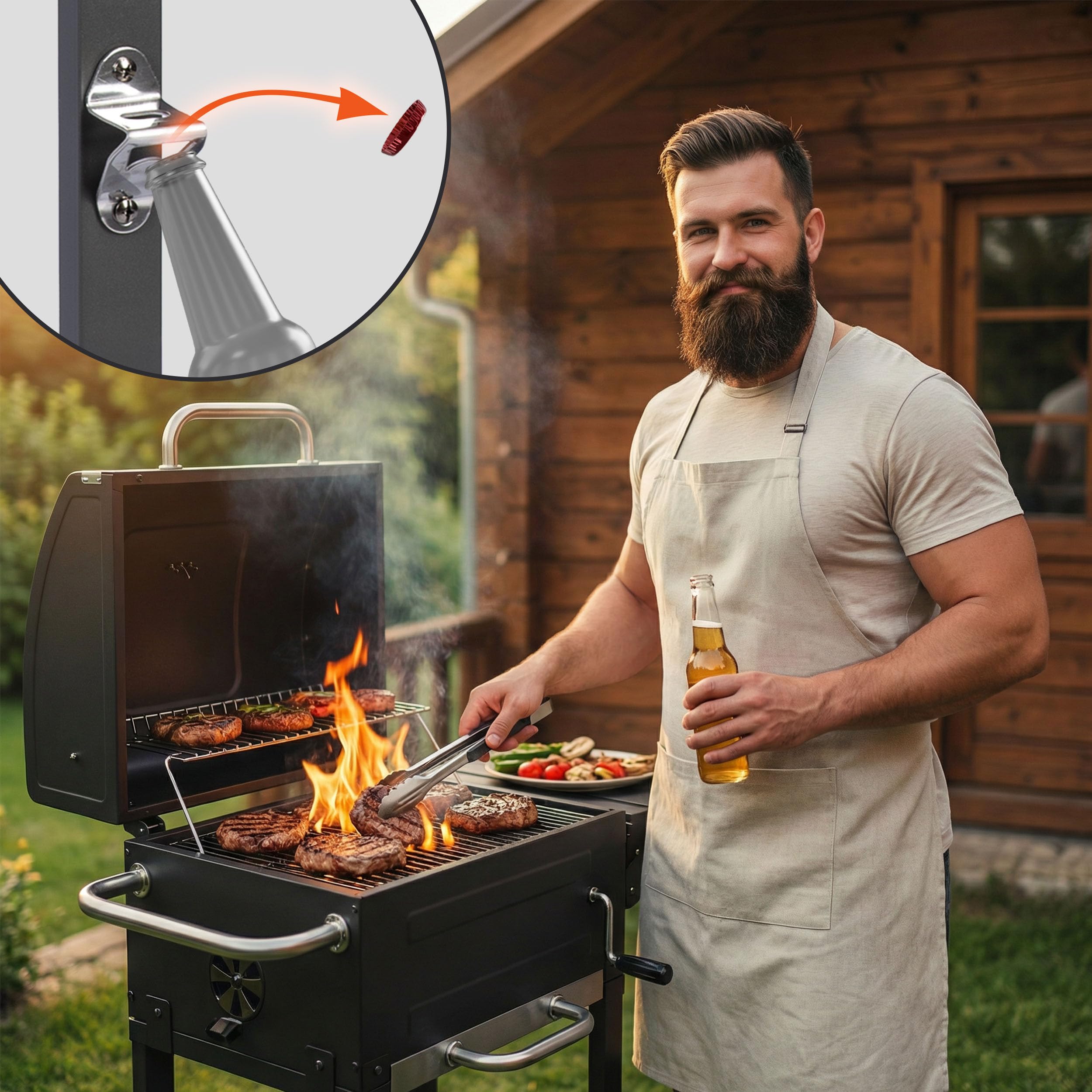 Berdsen BBQChef - Barbecue a carbonella con camino e griglia in ghisa, 40 x 31,5 cm, vassoio per carbone, termometro, portacenere e ripiano, griglia su ruote, antracite