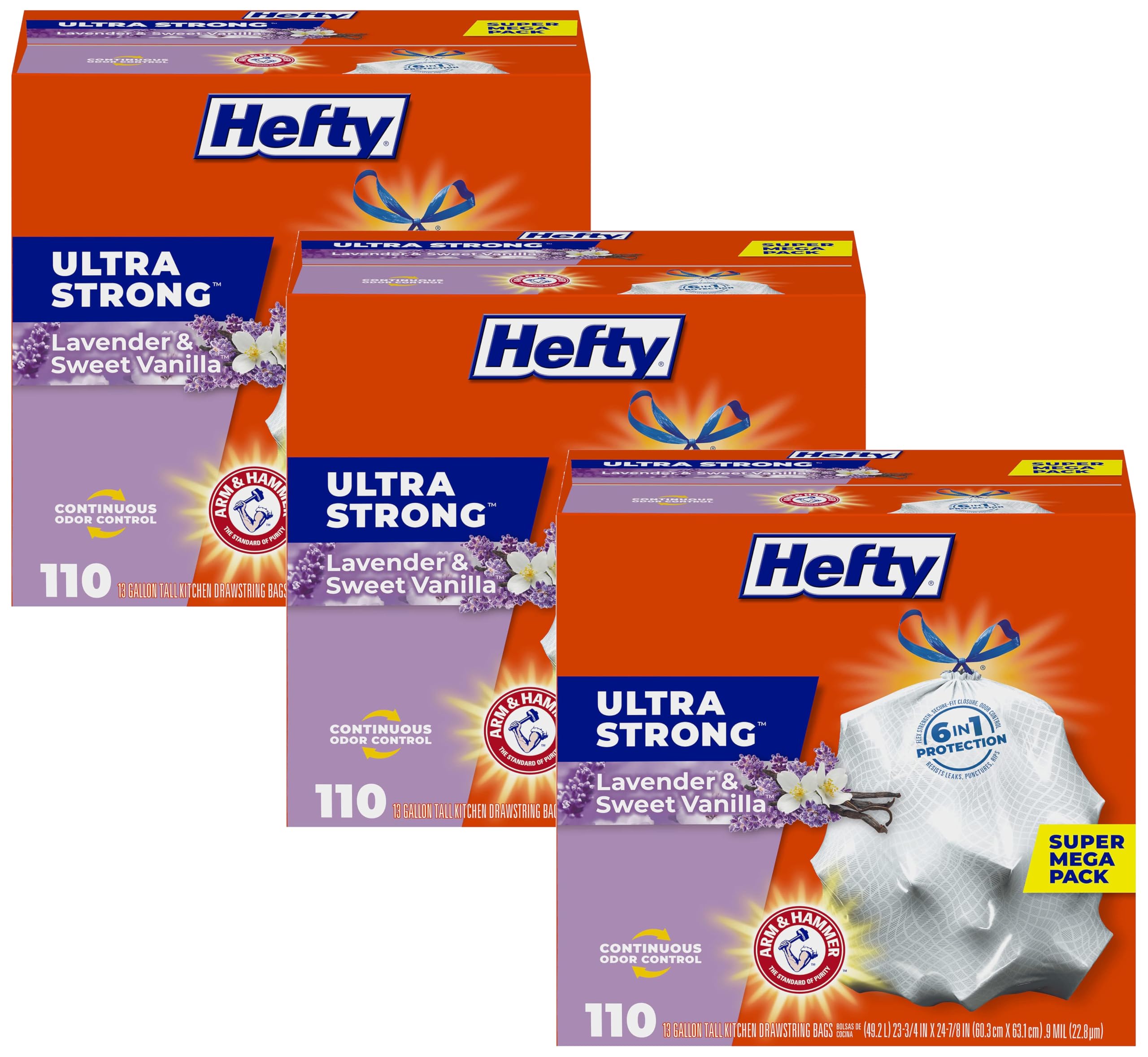 Hefty Ultra Strong 13 Gallon Trash Bags,Tall Kitchen Trash Bags 13 Gallon Size,Drawstring Closure,Continuous Odor Control,White,Lavender and Sweet Vanilla Scent,110-Bags,(Pack of 3)