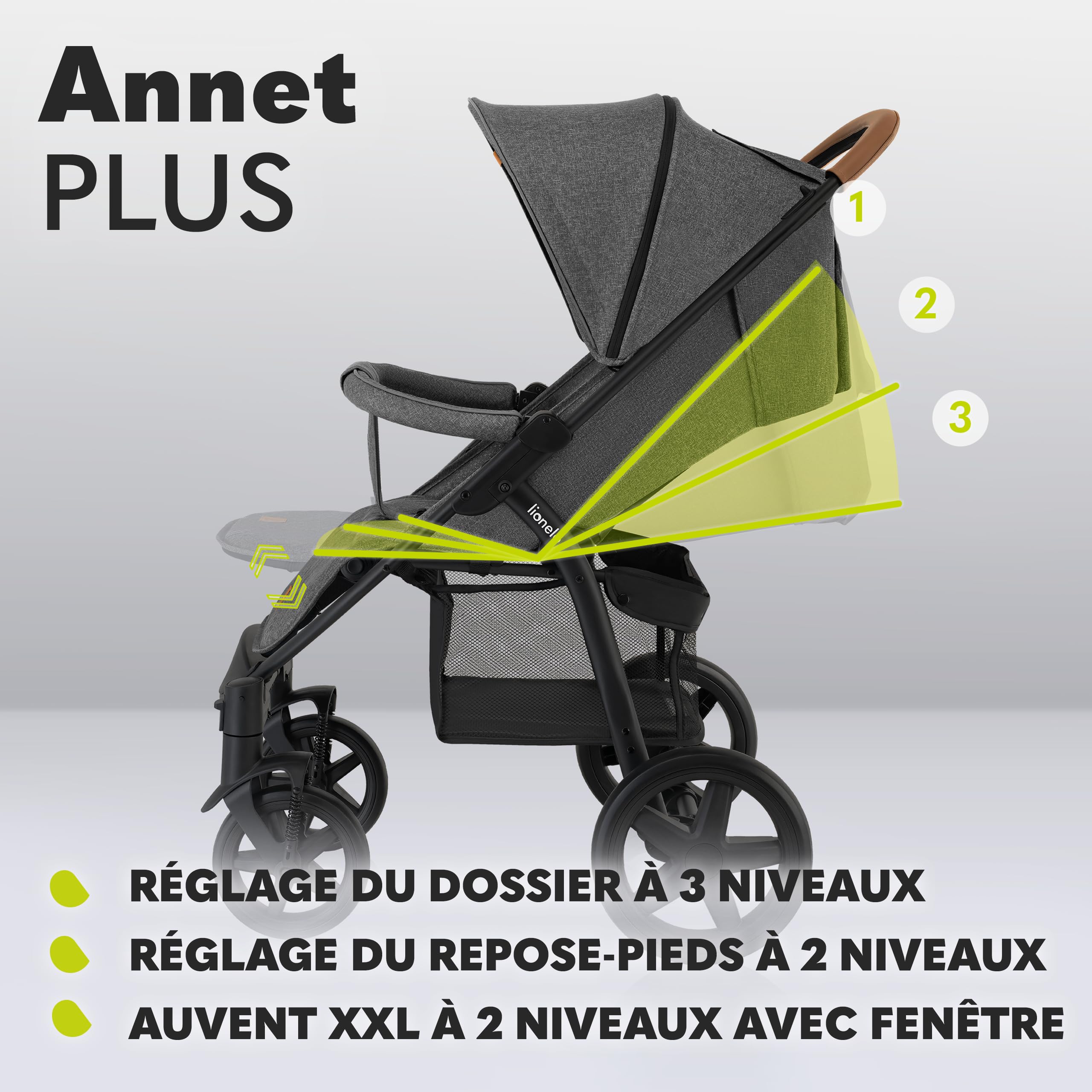 LIONELO Annet Plus poussette bébé 22 kg auvent fenêtre roues EVA moustiquaire porte-gobelet réglage dossier position couchée