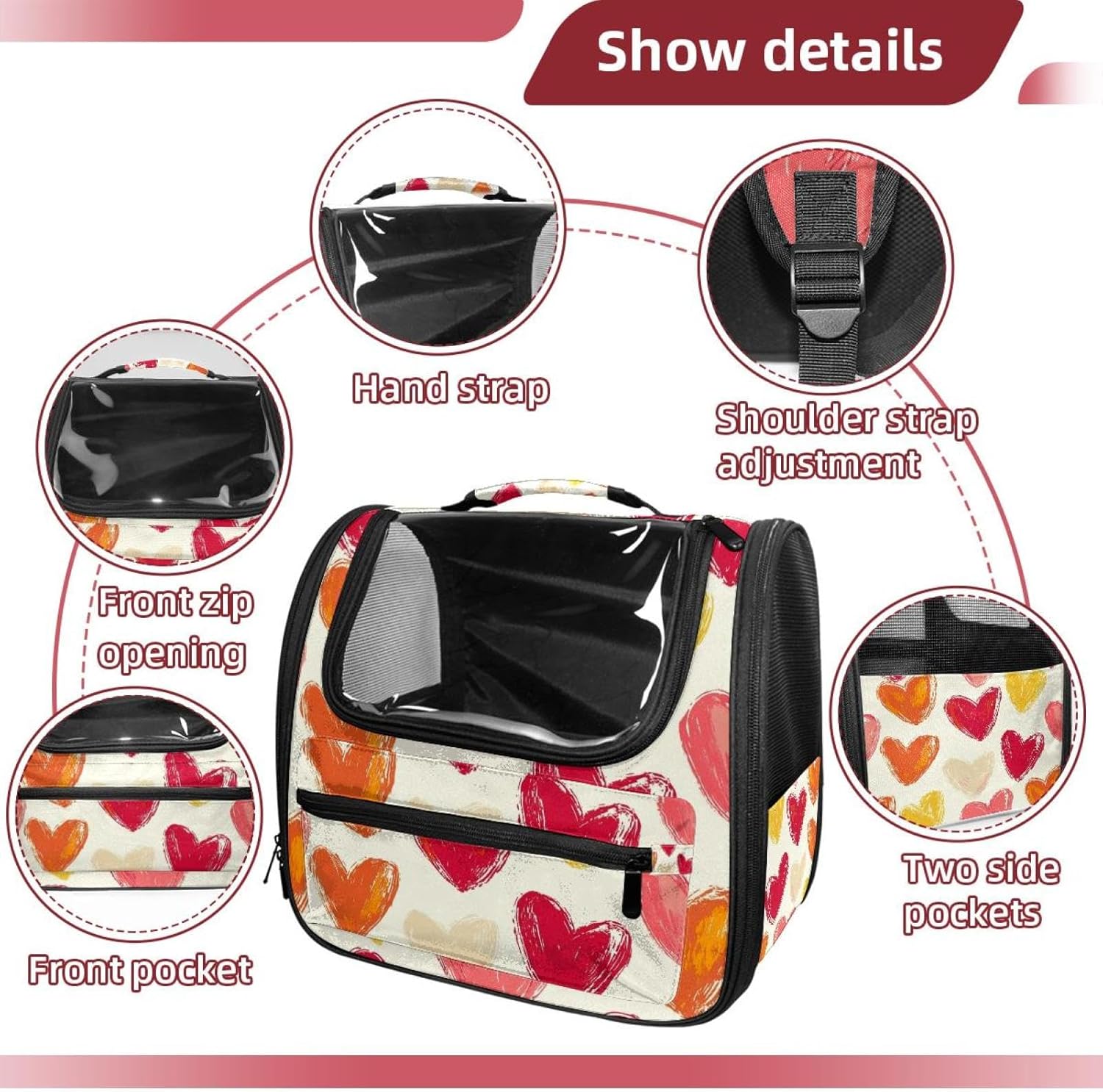 Heart Pattern (1) Pet Carrier Airline Approved Soft Sided Portable Cozy Travel Pet Bag, Car Seat Safe Carrier for Cats and Dogs