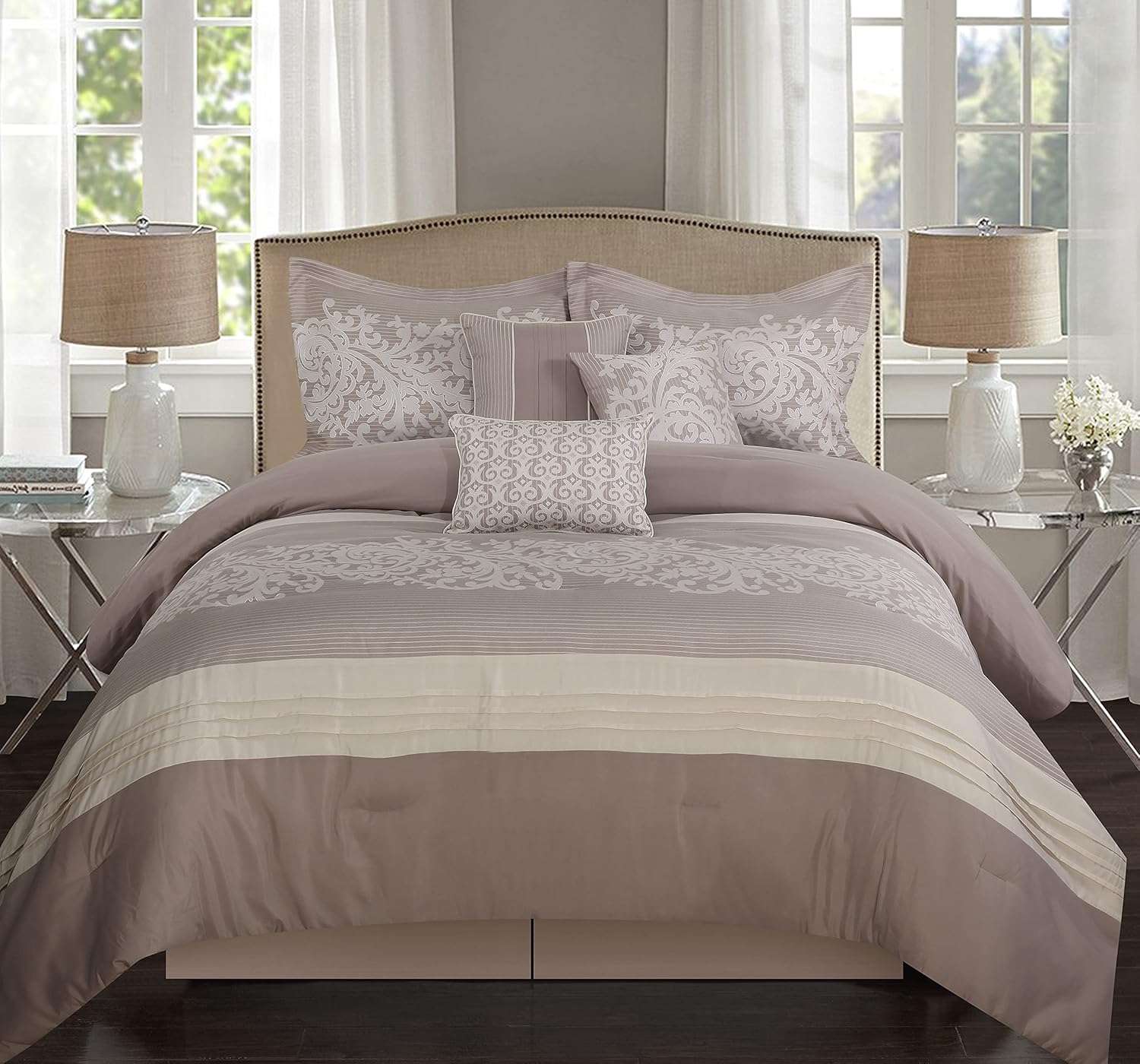 Grand Avenue Grey Comforter Set Queen Size, 7 Piece, Bedding Comforters & Sets, Pillow Shams Bedskirt
