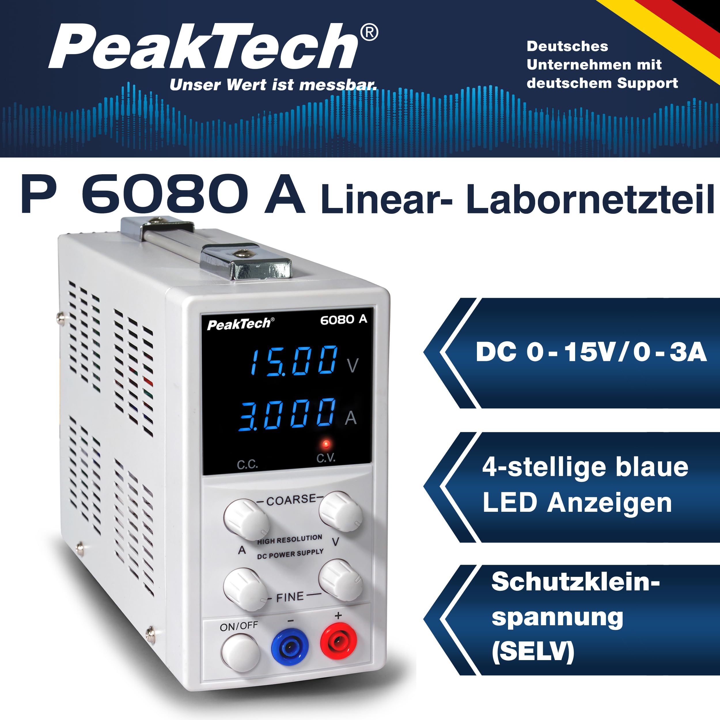 PeakTech P 6080 A – Hochauflösendes Labornetzteil 0-15V / 0-3A DC – Professionelles Labornetzgerät mit LED-Display – Hochwertiges Labor Netzteil mit 1mA und 10mV Auflösung – 54W