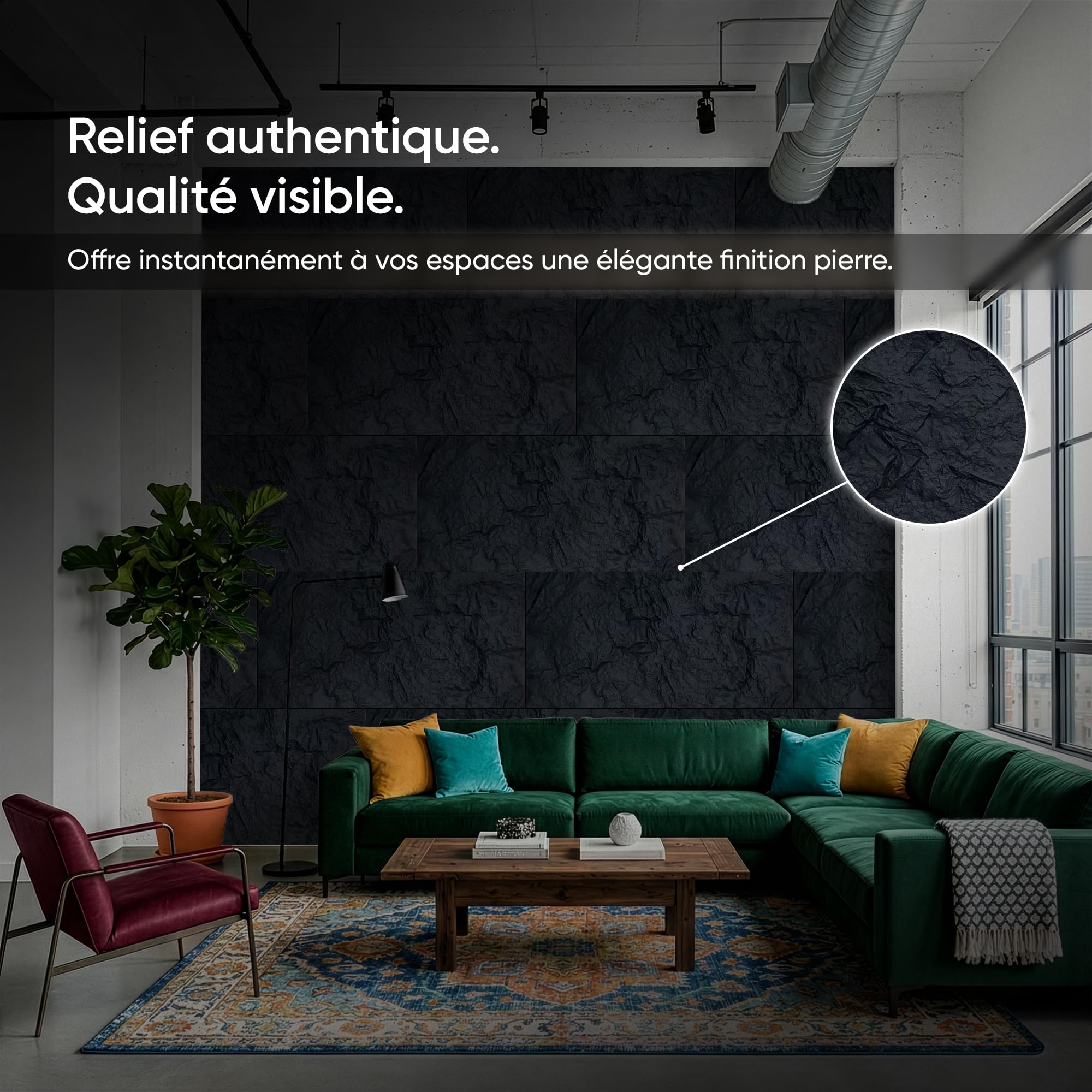 Izodekor Panneaux PU mur aspect pierre 60x120 cm | 5 cm d'épaisseur | Panneaux muraux 3D noirs | Revêtement mural aspect pierre intérieur | Panneaux PU en pierre naturelle | NIGHT STONE