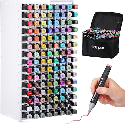 Skyygemm Marcadores de alcohol de 120 colores con 1 organizador de marcadores y 1 funda de almacenamiento, juego de marcadores artísticos de doble