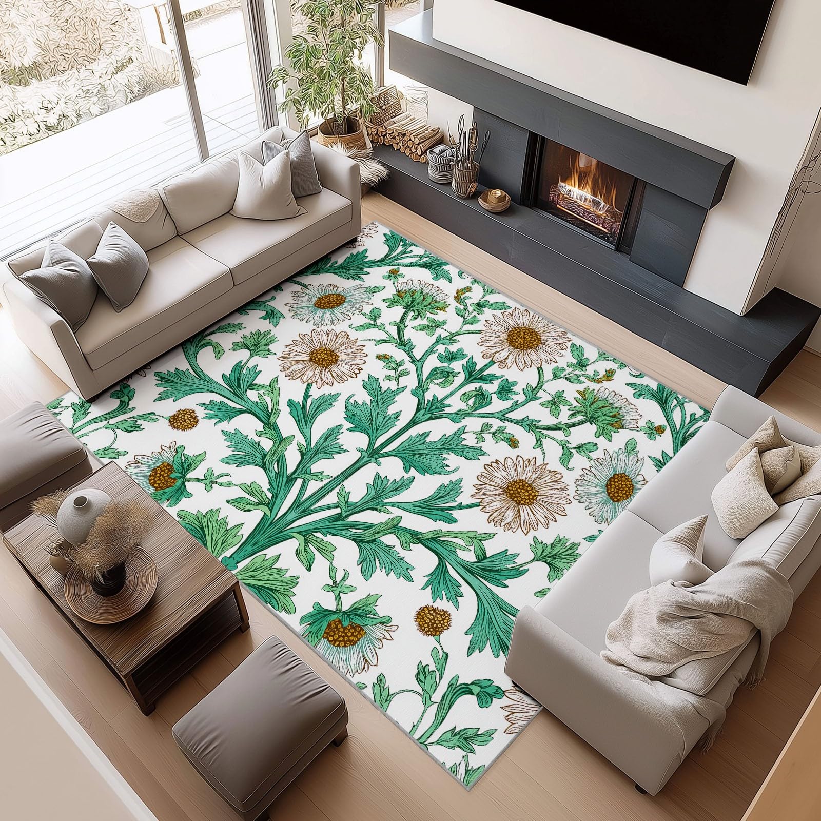 Générique Dywan do salonu, można prać w pralce 160 x 230 cm, antypoślizgowy dywan o niskim włosiu z minimalistycznym nadrukiem, rośliny winorośli, kwiaty na balkon, do ogrodu, do jadalni, werandy