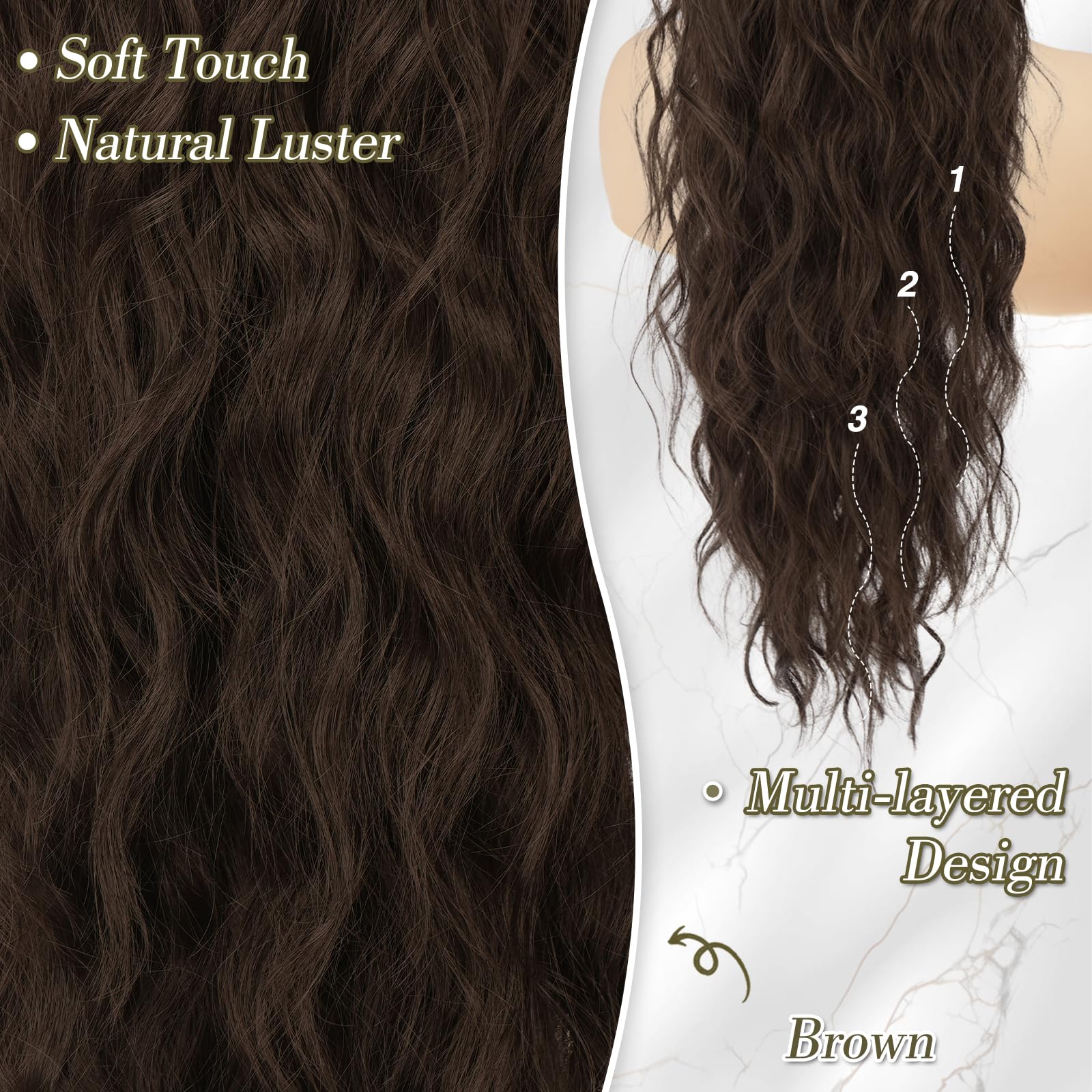 BARSDAR Castano Coda Cavallo Extension con Coulisse, 66cm Lunga Ricci Ondulati Coda di Cavallo Capelli Extension per Donna, Sintetici Clip in Posticci Finta Capelli, Castano