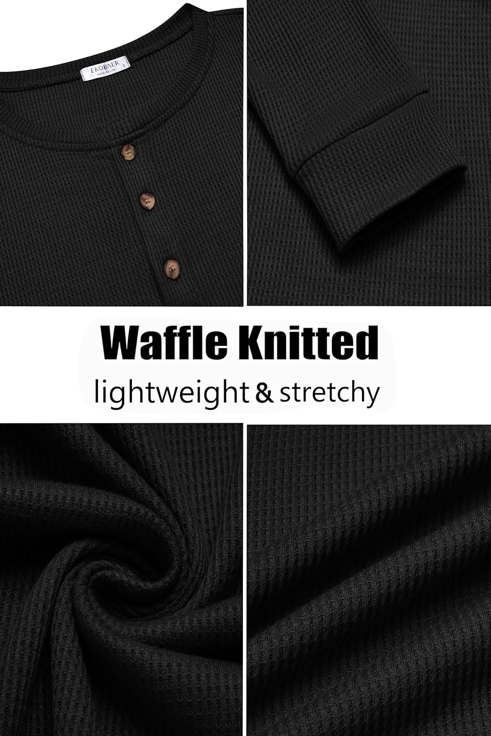 Ekouaer Mens Henley Long Sleeve Shirts Waffle T-Shirt Lightweight Thermal Undershirts S-XXL - Image 5