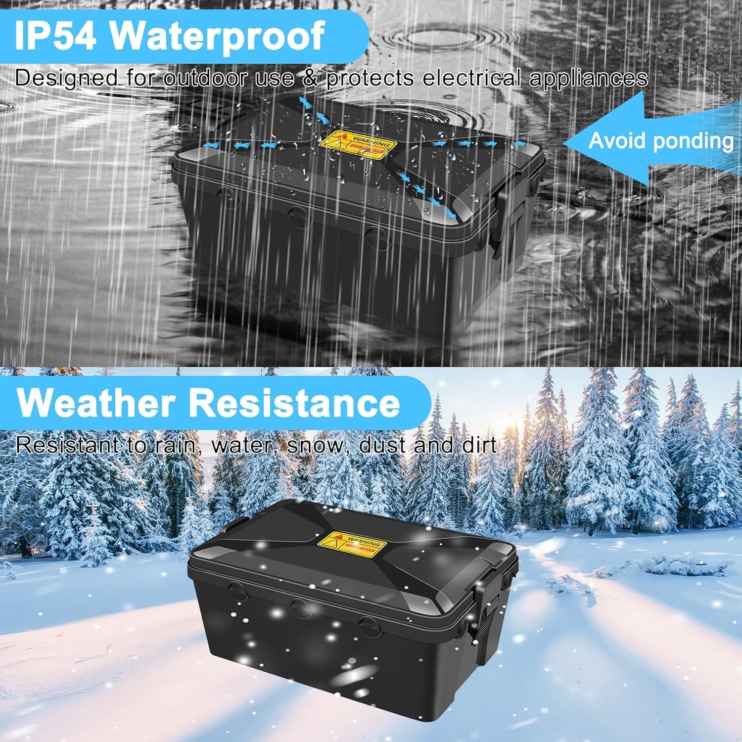 SuperInk IP54 Extra Large Outdoor Box w/ 7 Cable Seal Entry, Bundle w/ 4 Small Weatherproof Extension Cord Safety Cover, Protect Power Strip, Timer Outlet Plug, Christmas Decoration, Black