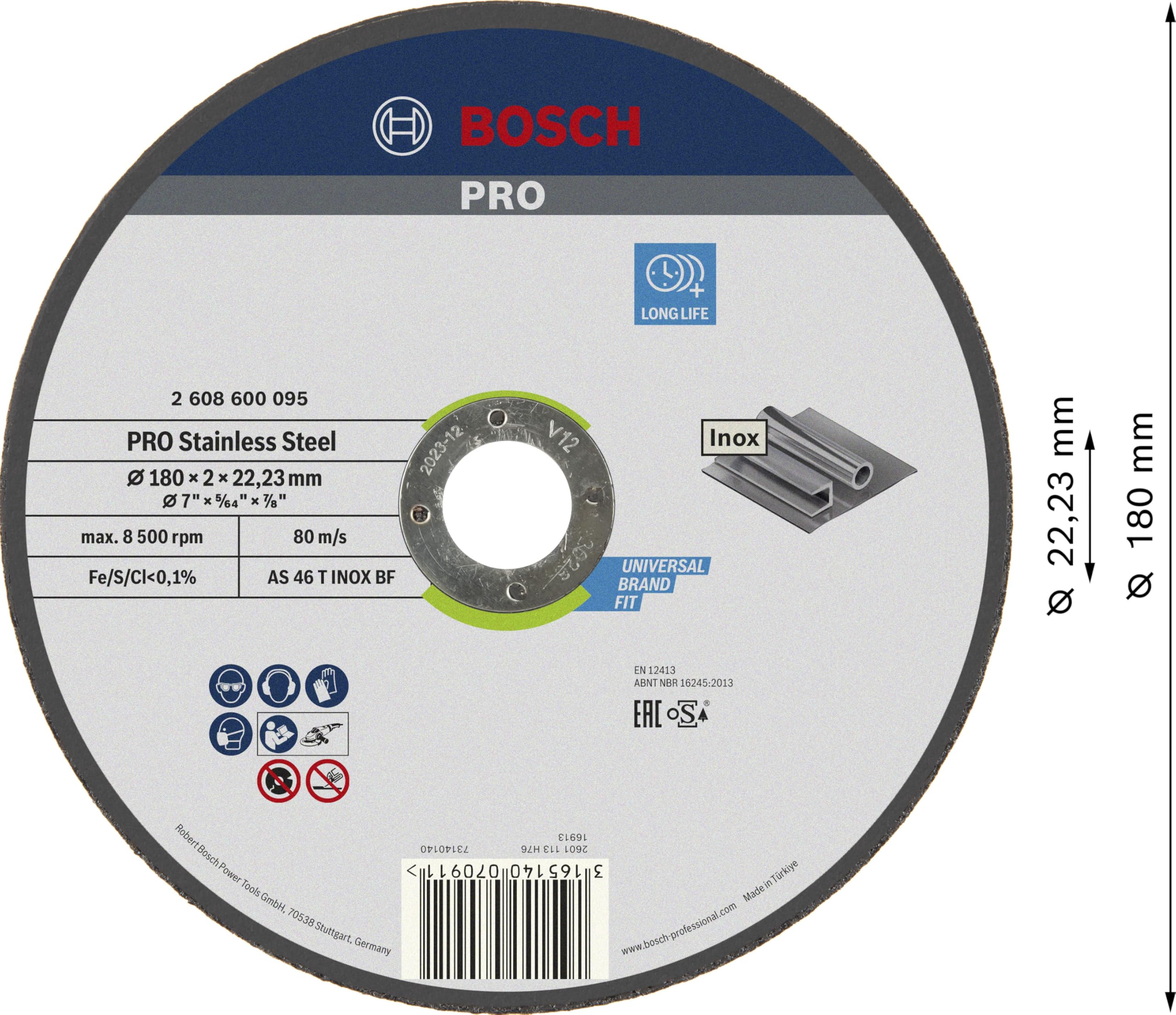 Bosch 1x Mola da taglio PRO Stainless Steel di lunga durata grandi, foro 22,23 mm (per Acciaio inossidabile, Ø 180 mm, Professional Accessorio Smerigliatrice angolare grande)