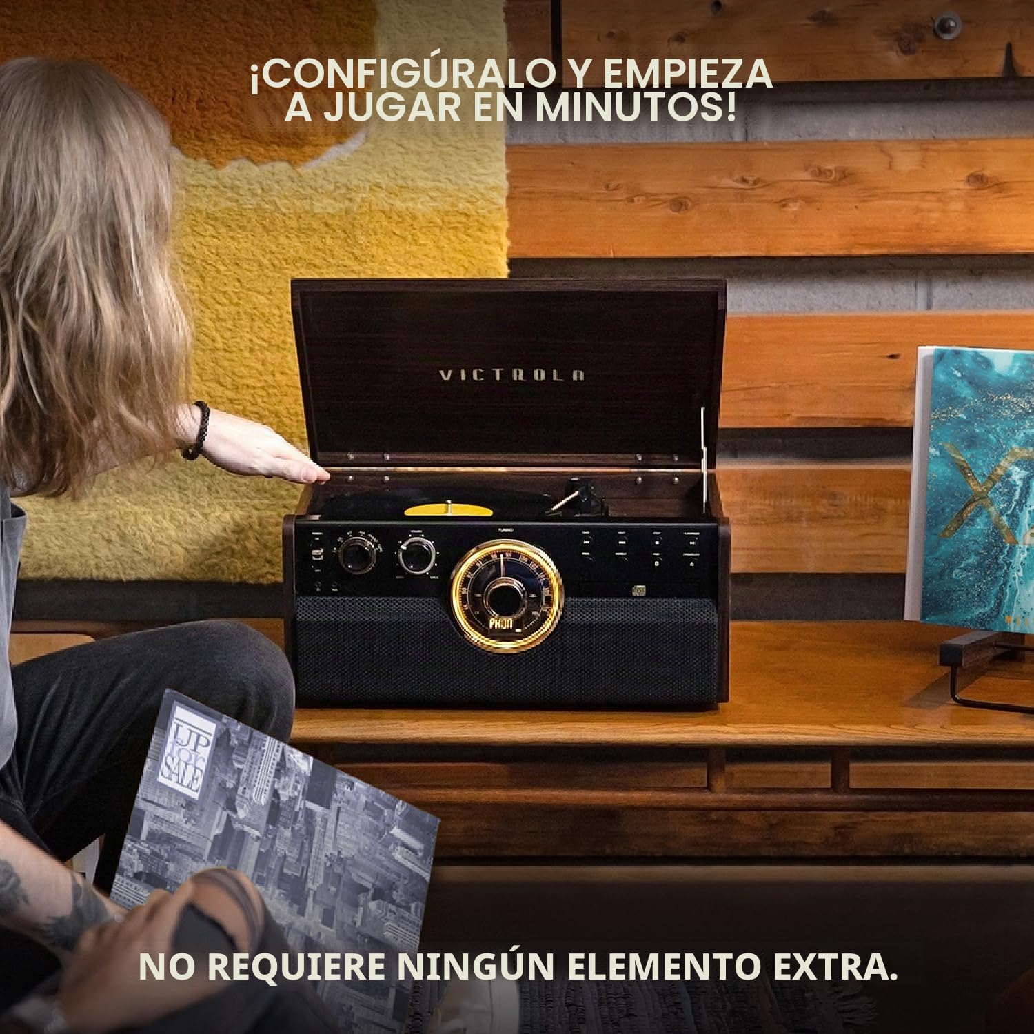 Victrola Empire – Tocadiscos Mid-Century 6 en 1 con Bluetooth, Radio, Casete, CD, Altavoces Integrados, Salida RCA y Entrada Auriculares (Nogal Farmhouse)