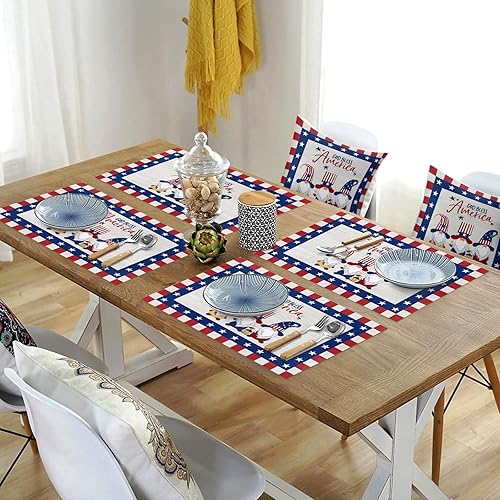 Miniatura 4 de Juego de 6 manteles individuales del 4 de julio, manteles individuales de PVC lavables, manteles individuales de vinilo tejido de gnomo del día de