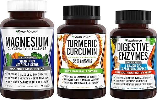 FarmHaven Complejo de glicinato de magnesio y malato con vitamina D3 y curcumina de cúrcuma con pimienta negra BioPerine y enzimas digestivas con 18