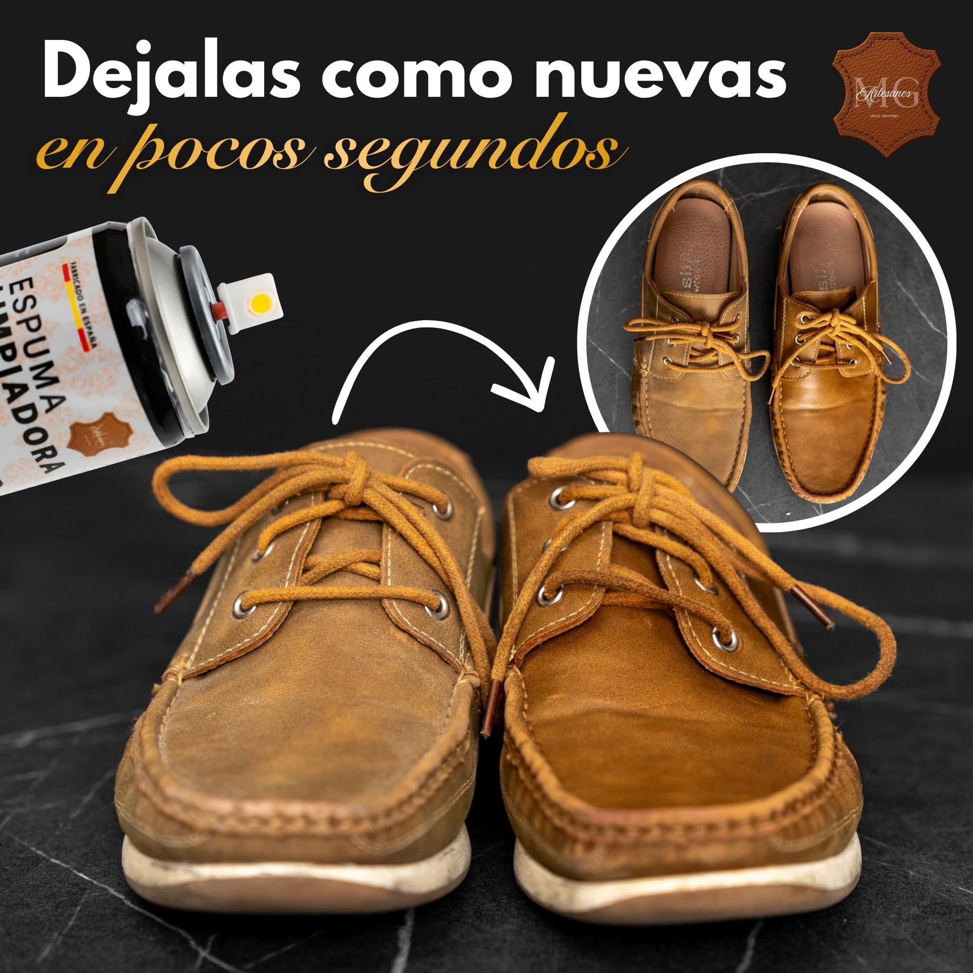 MG ARTESANOS | Spray Limpiador para Ante y Nobuk – Limpieza en Seco para Zapatillas, Botas y Bolsos, Elimina Manchas y Suciedad sin Dañar el Material