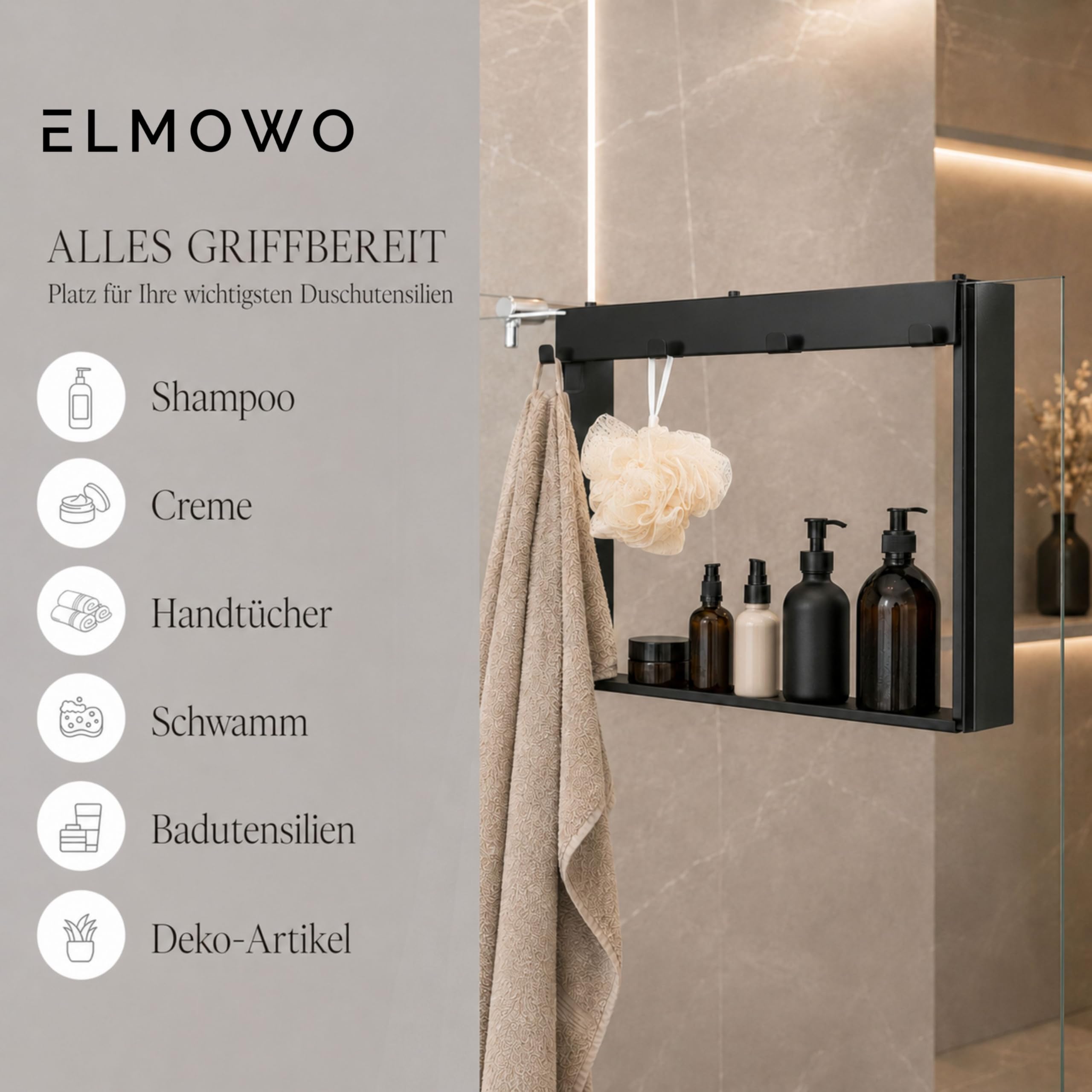 Edelstahl Duschablage zum Hängen ohne Bohren für die Glastür/Glaswand - Duschregal zum Einhängen mit 4 Haken - Regal für Glasduschwand als Duschkorb und Organizer für Badezimmer (schwarz)