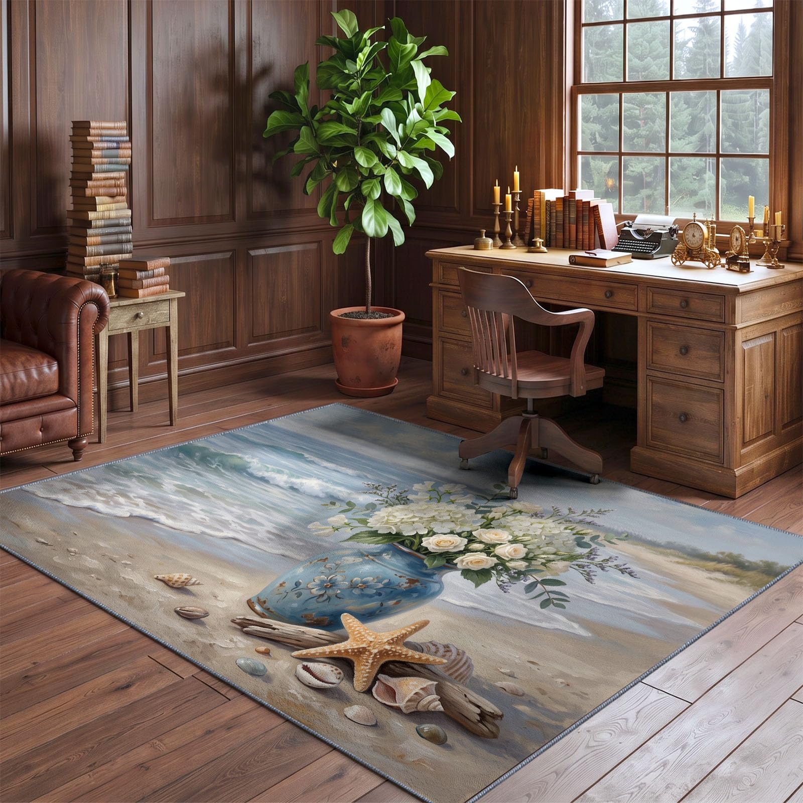Générique Floristique Côtière Tapis de Salon Lavable en Machine 80 x 150 cm, Tapise antidérapant, Tapis de Chambre Style Plage Vagues Océaniques Compositions Florales pour Le Salon, l'entrée, Blanc