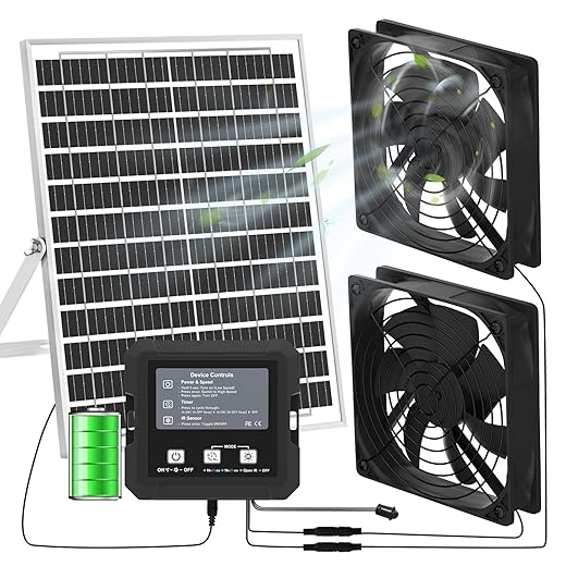 25W Solar Fan for Chicken Coop with Battery, Solar Exhaust Fan for Shed & Greenhouse, 3 Modes Controller (Continuous/Timer/Motion Sensor), Solar Powered Fan for Intake or Exhaust Vent Cooling