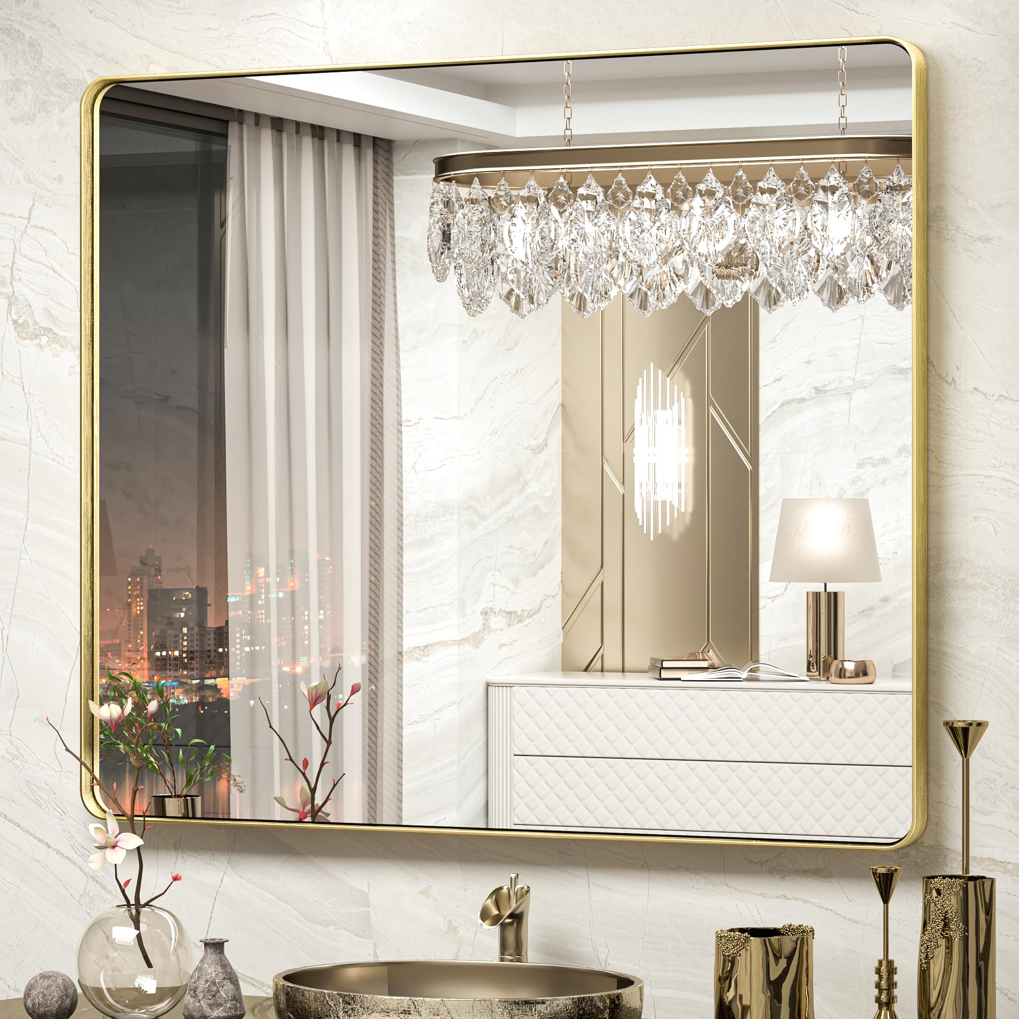 tokeshimi gold bathroom mirror for wall 42x36 inch rounded corner rectangle in aluminum alloy brass metal frame deep set design hangs horizontal or vertical farmhouse