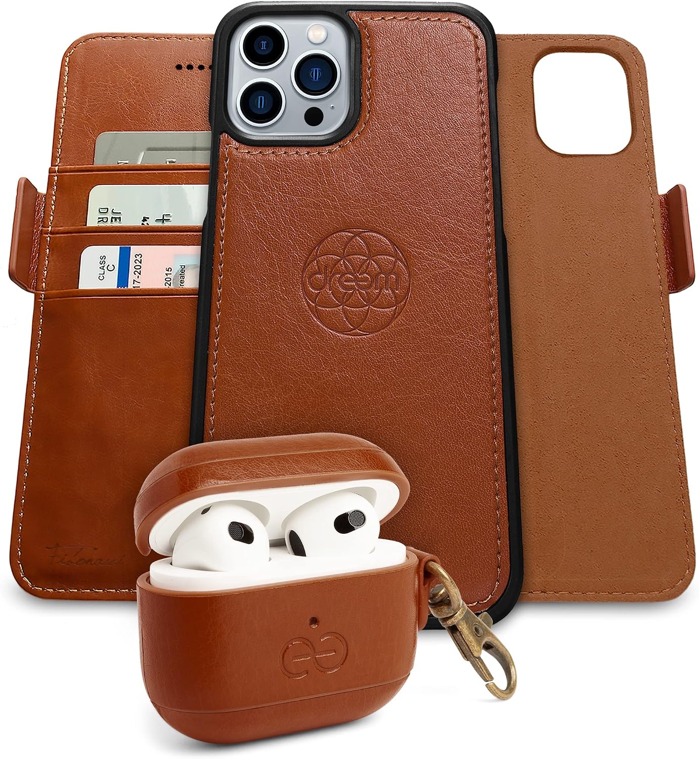 Dreem Bundle: Fibonacci Wallet-Case for iPhone 13 Pro with Om for Apple AirPods 3 Case [Caramel]