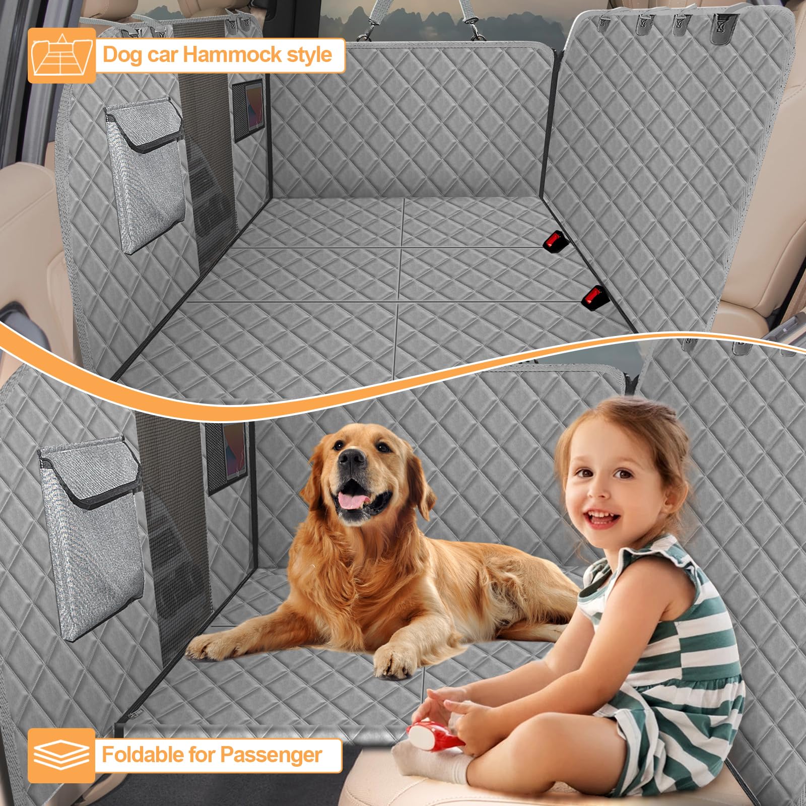 Vinstatin Coperta per cani per auto, con robusta tavola in legno duro, impermeabile, prevenzione delle cadute, sedile posteriore per cani, con cinture di sicurezza per tutte le auto, SUV