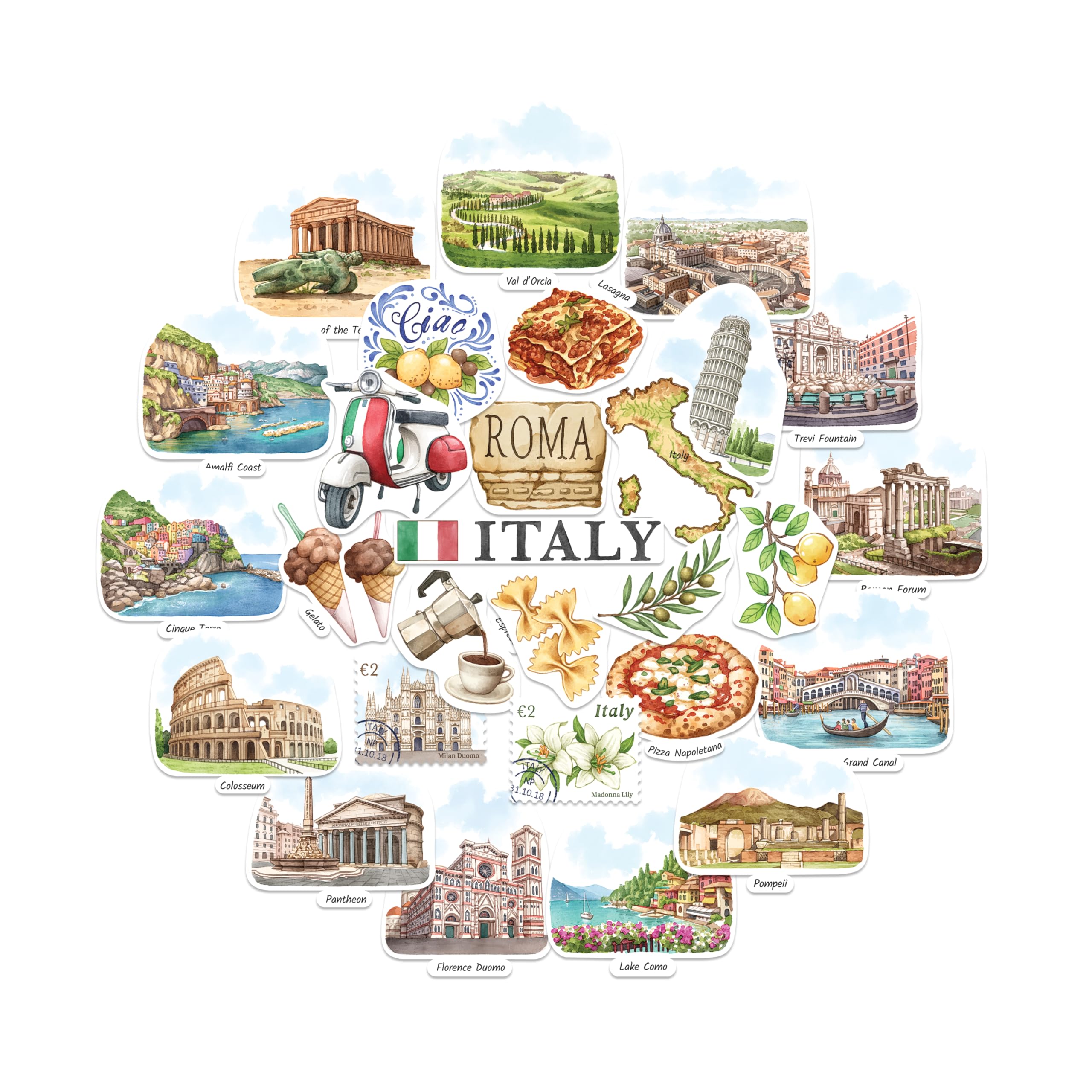 Navy Peony Indulgent Italy Travel Stickers - Hand-Painted Watercolour, Matte, Die Cut - for Journals, Scrapbooks (28-Piece Set)