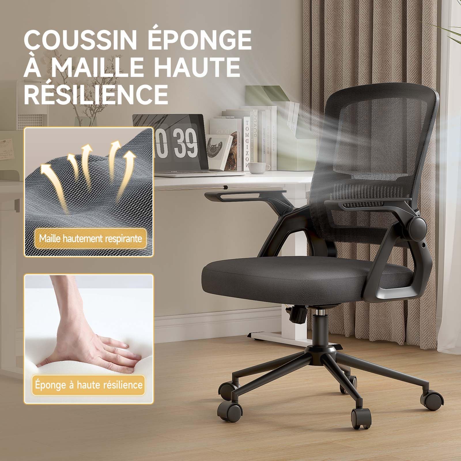 naspaluro Chaise Bureau Ergonomique avec Accoudoirs Pliants,à Hauteur Réglable Chaise de Bureau, Ergonomique en Maille Respirante avec Soutien Lombaire,Roulette Pivotant à 360°, Noir