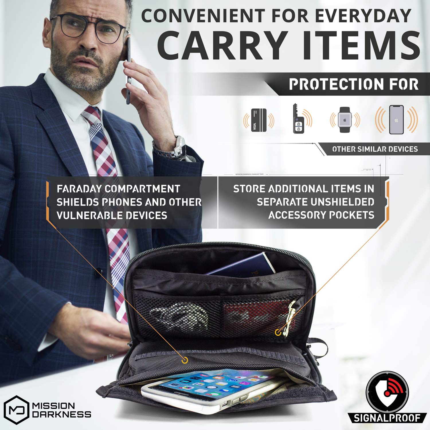 Mission Darkness Mojave Faraday Phone Bag — Multi-Functional Travel Case with Accessory Pockets and Built-in Faraday Sleeve/Signal-Blocking, Anti-Tracking, Anti-Hacking, EMF Reduction