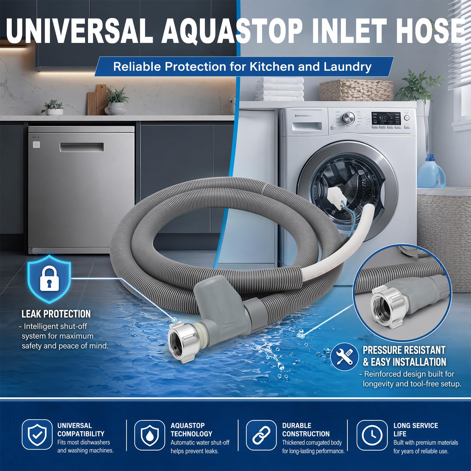 Aquastop Zulaufschlauch, 1,8m Wasserschlauch Zulaufschlauch, Universal Geschirrspülerschlauch, 3/4 Zoll Gerade/Winkel 90 Grad für Waschmaschine Spülmaschine Geschirrspüler