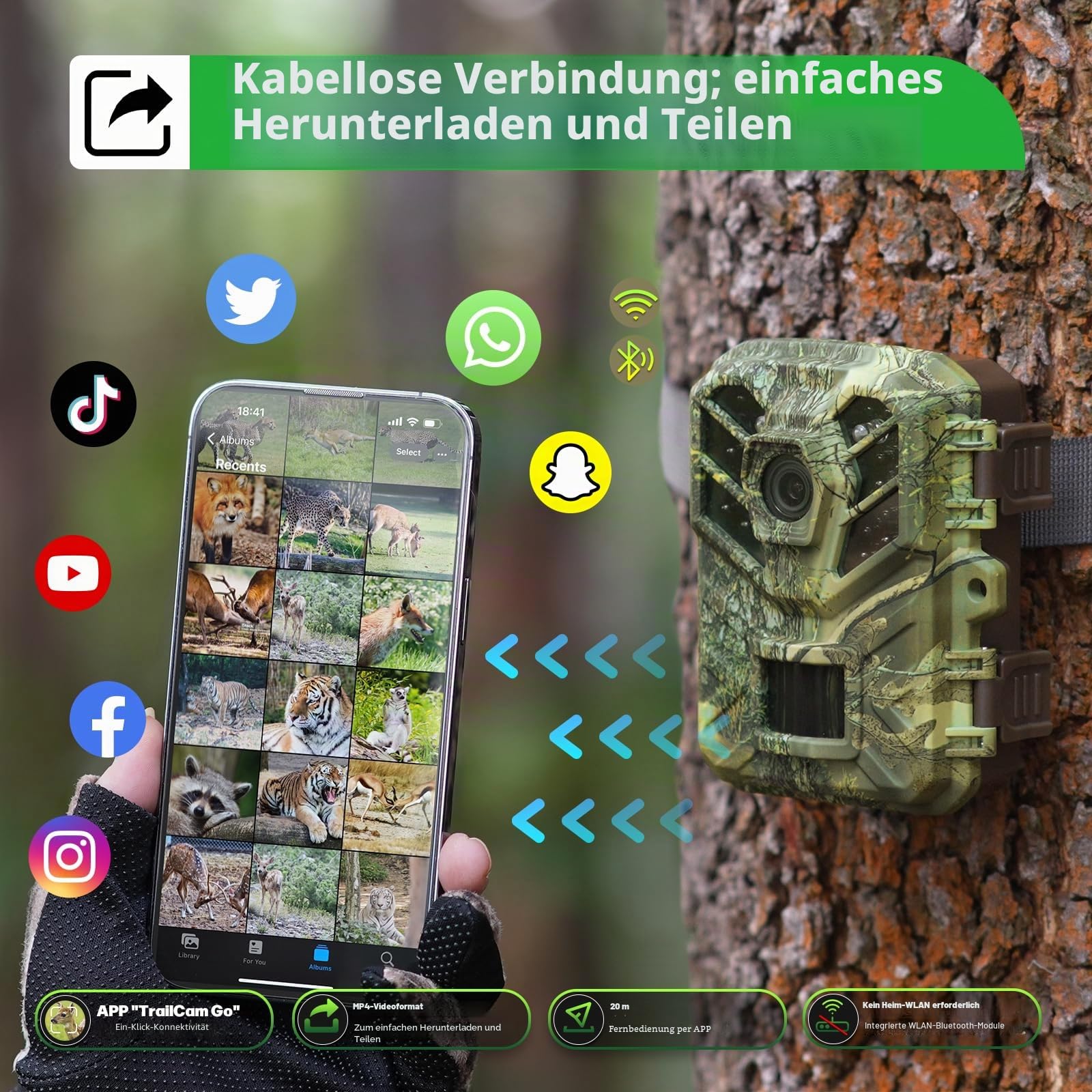 Coolifepro WLAN-Fotofalle Bluetooth, Mini 32 MP 1080P Jagdkamera mit IR Nachtsicht wasserdicht IP66 Fotofalle mit 32 GB SD-Karte für die Überwachung der Wildtiere
