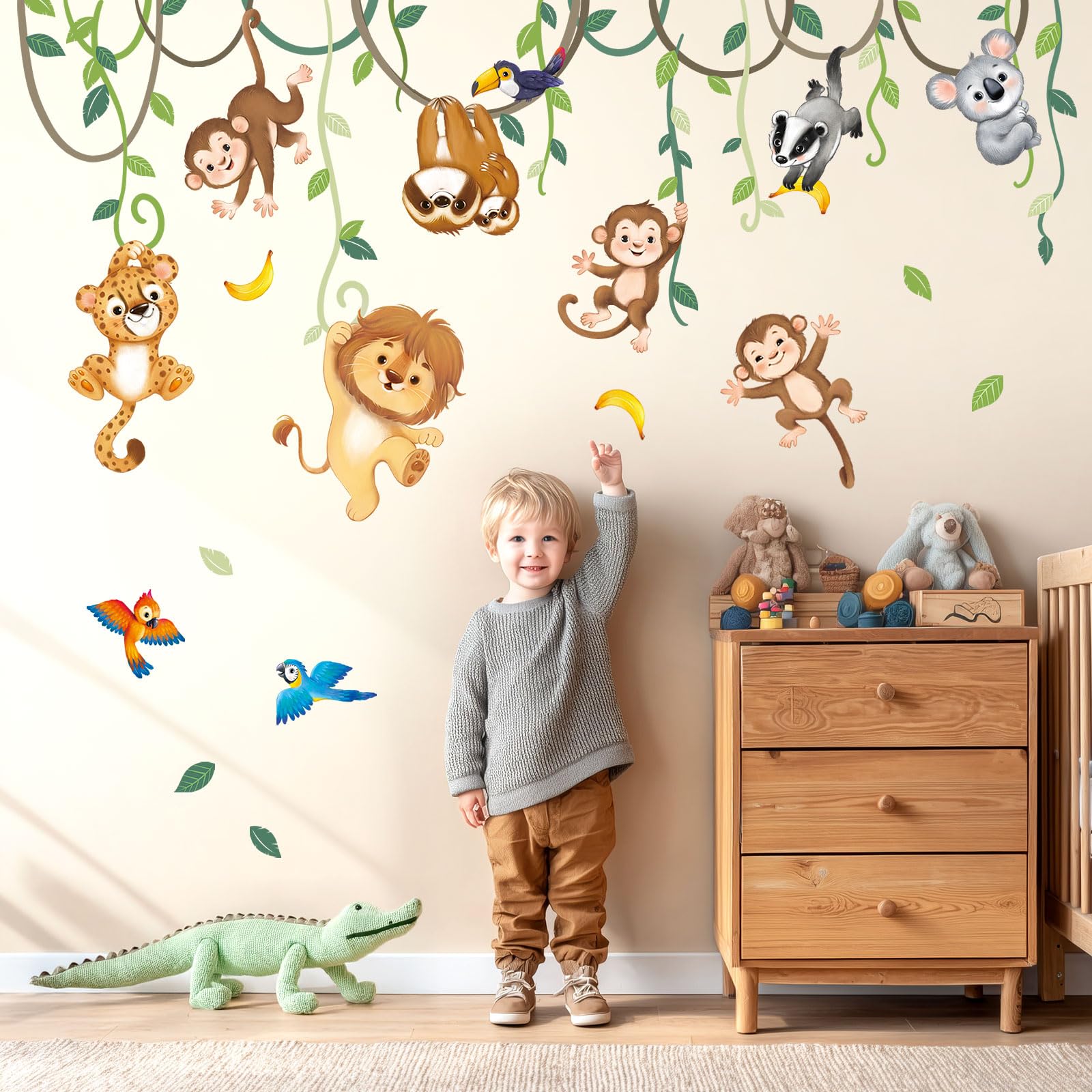 Decowall Men's Climbing Animals Jungle Animals Wall Stickers – Cute Lion, Monkey & Koala Climbing Vines Removable Wall Decals For Baby Nursery, Kids Bedroom & Playroom Decor (Sg2-2419)
