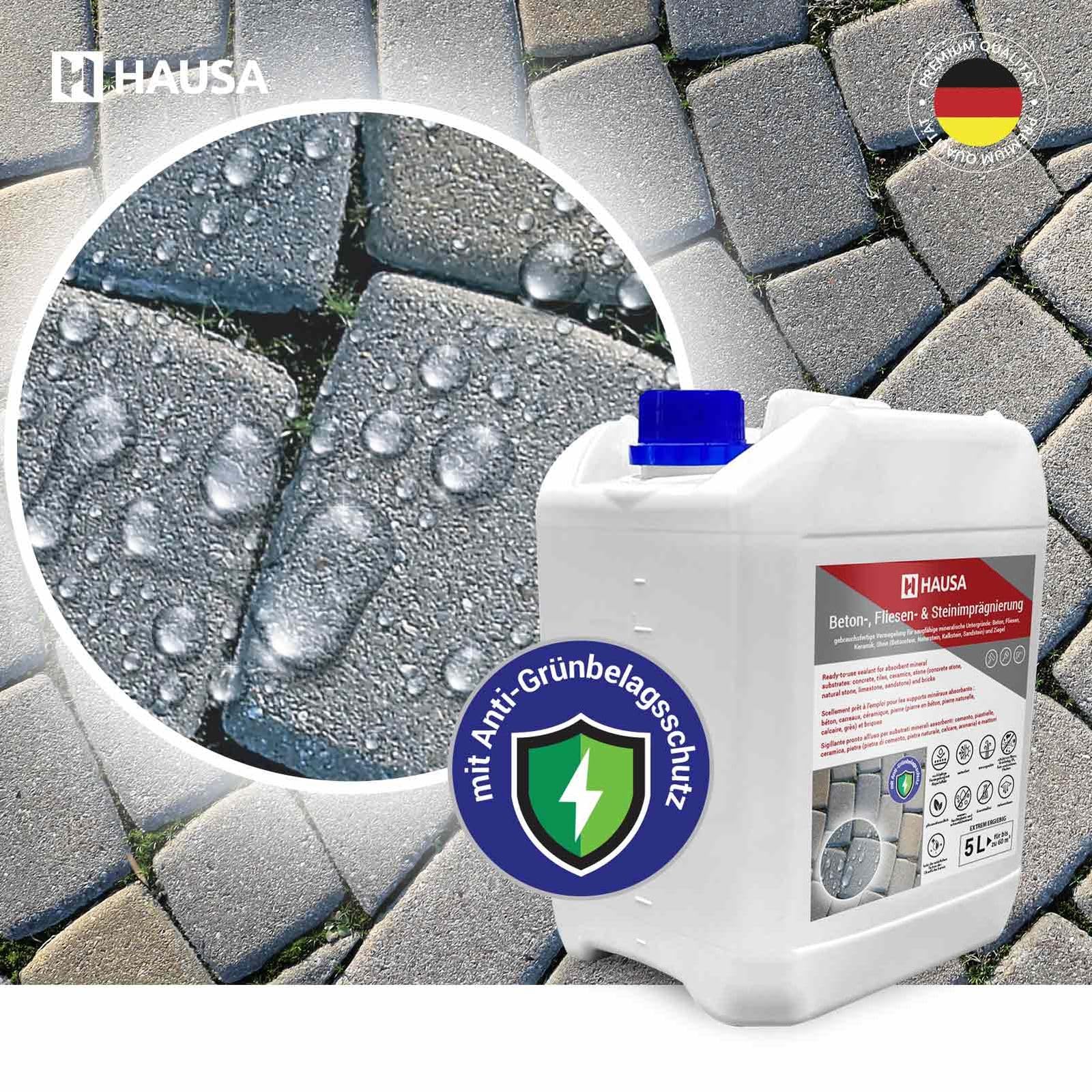 Hausa Steinimprägnierung 10L für ca.120m² Versiegelung für Außen & Innen, Schutz vor Schmutz, Grünbelag, Imprägnierung für Stein Beton Fliesen Ziegel, Abperleffekt, wasser- & schmutzabweisend