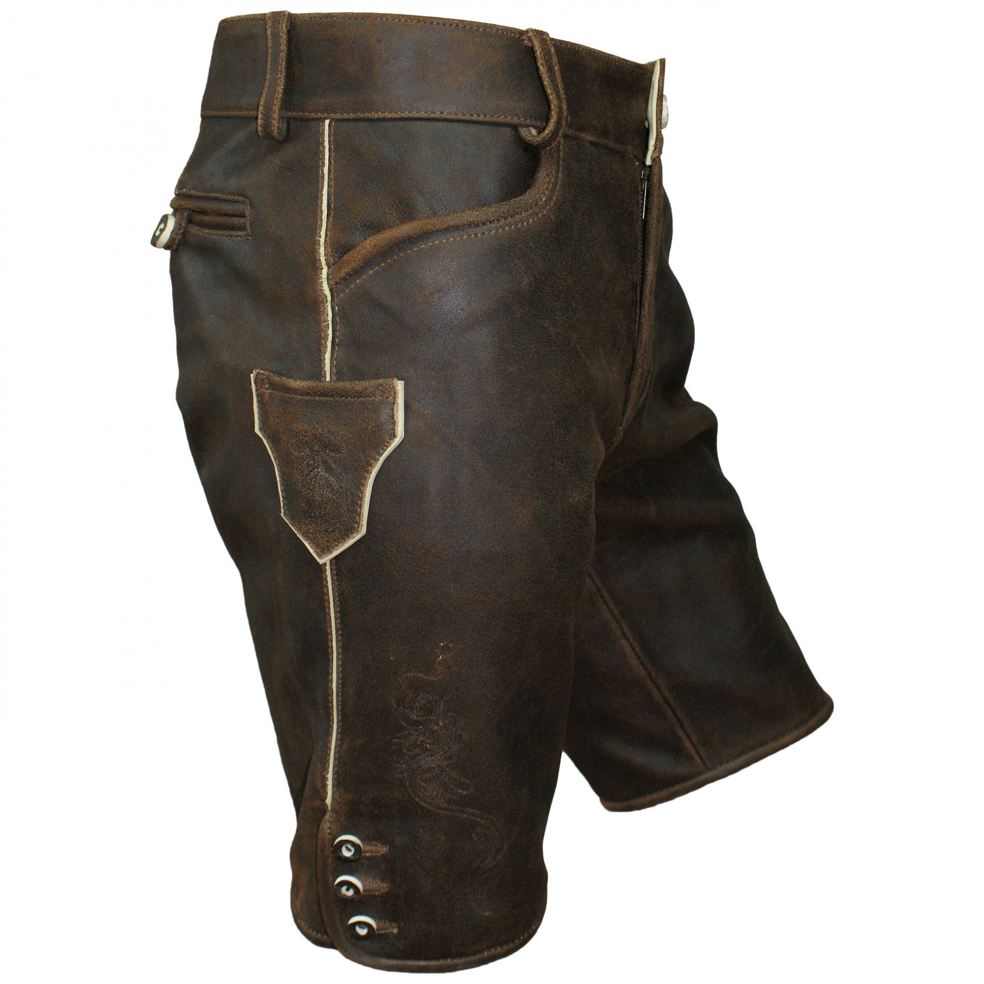 Lederhose kurz braun speckig Antik-Patina Trachten Leder Hose Trachtenlederhose Reißverschluß Zipp Hornknöpfe weiches Wildbockleder Herren (auch Damen) Freizeit und Wandern