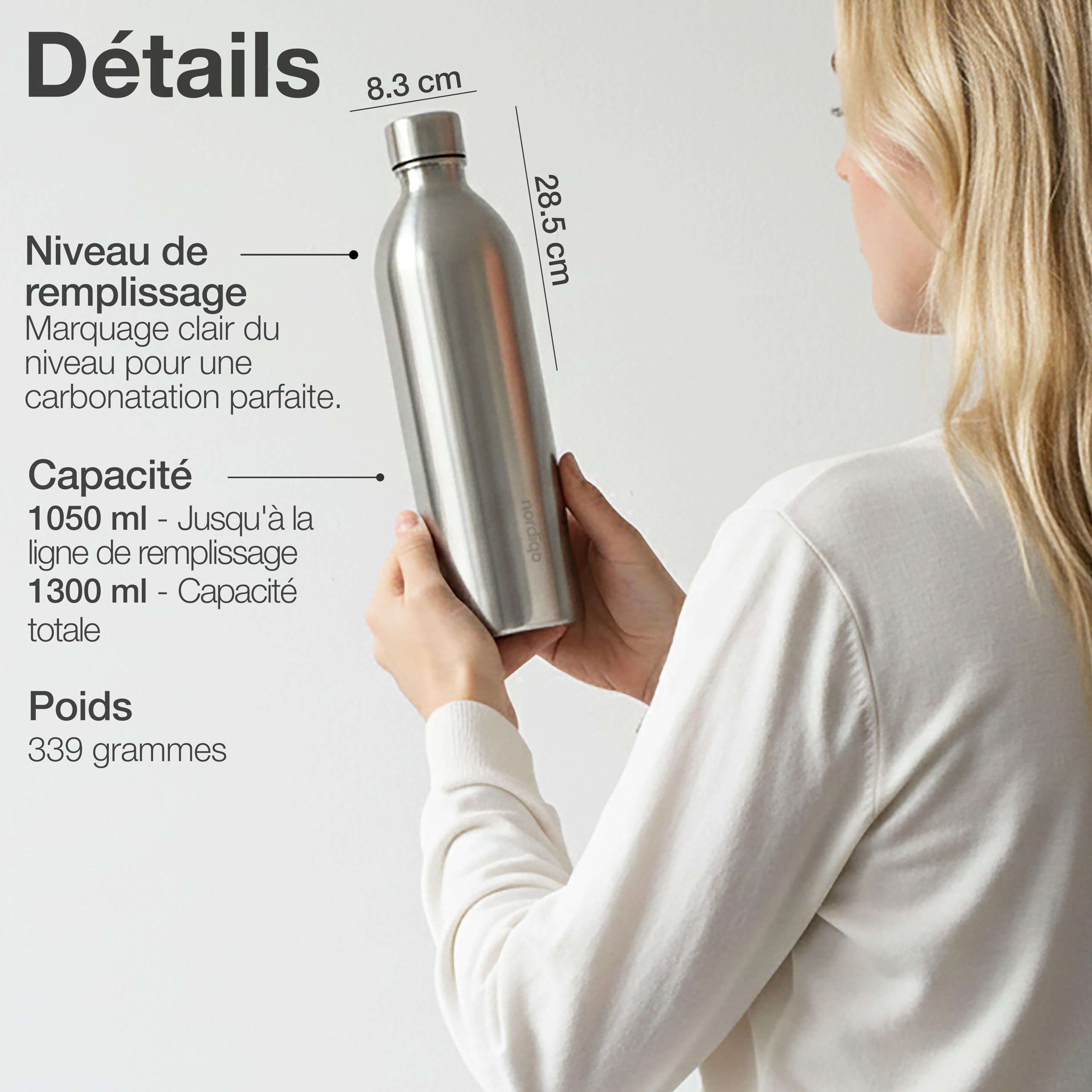 1300ml Bouteille en Acier Inoxydable pour Aarke Carbonator 3 & SMEG (Non Pro) - Étanche, Sans Plastique - Sans Date Limite, Lignes de Remplissage Intérieur & Extérieur - 2 x Acier